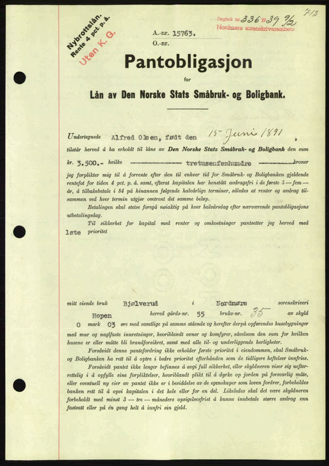 Nordmøre sorenskriveri, AV/SAT-A-4132/1/2/2Ca: Mortgage book no. B84, 1938-1939, Diary no: : 336/1939