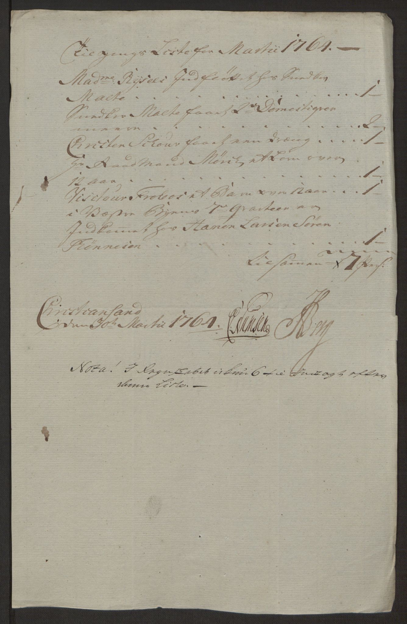 Rentekammeret inntil 1814, Reviderte regnskaper, Byregnskaper, AV/RA-EA-4066/R/Rm/L0265/0001: [M6] Kontribusjonsregnskap / Ekstraskatt, 1762-1764, p. 204