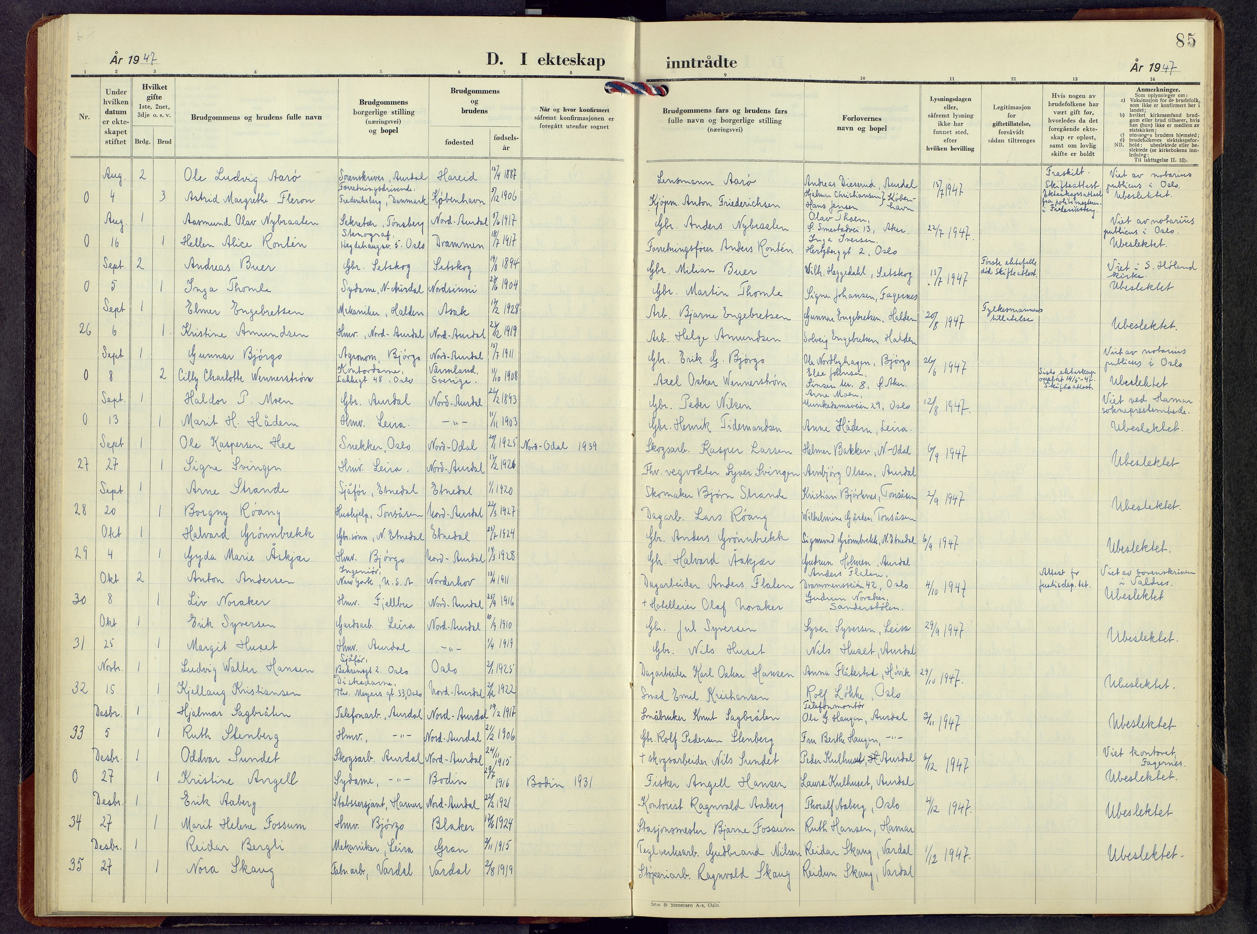 Nord-Aurdal prestekontor, AV/SAH-PREST-132/H/Ha/Hab/L0020: Parish register (copy) no. 20, 1947-1967, p. 84b-85a