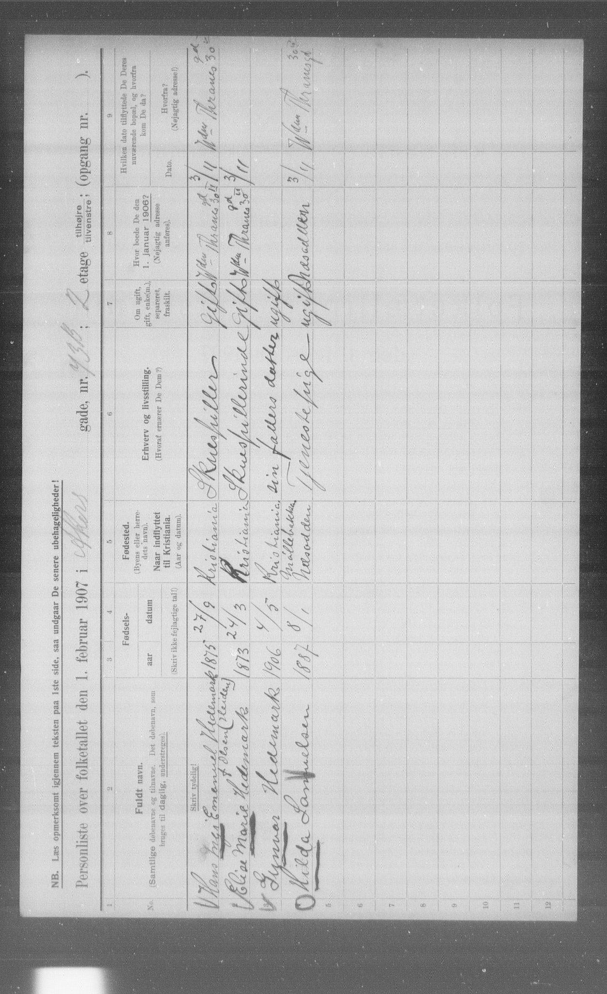 OBA, Municipal Census 1907 for Kristiania, 1907, p. 459