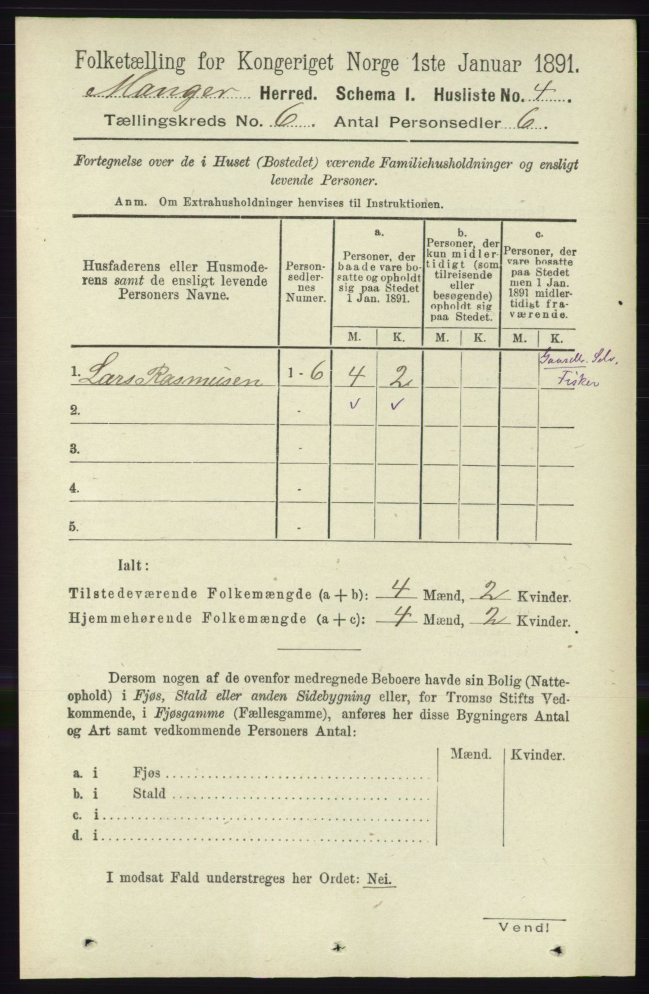 RA, 1891 census for 1261 Manger, 1891, p. 3313