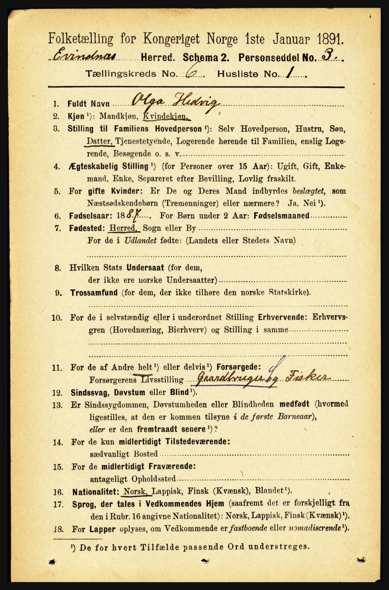 RA, 1891 census for 1853 Evenes, 1891, p. 1923