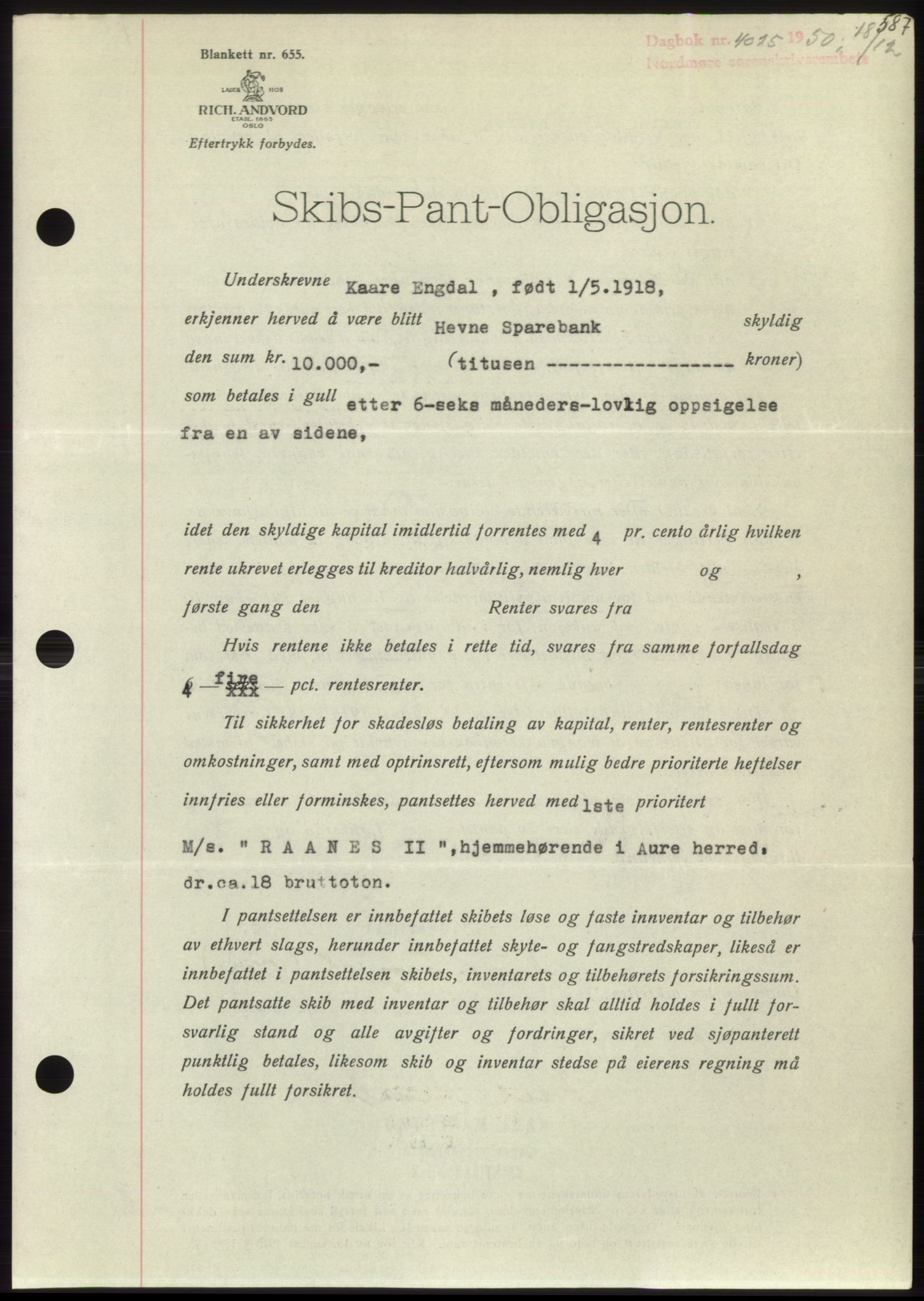 Nordmøre sorenskriveri, AV/SAT-A-4132/1/2/2Ca: Mortgage book no. B106, 1950-1950, Diary no: : 4025/1950