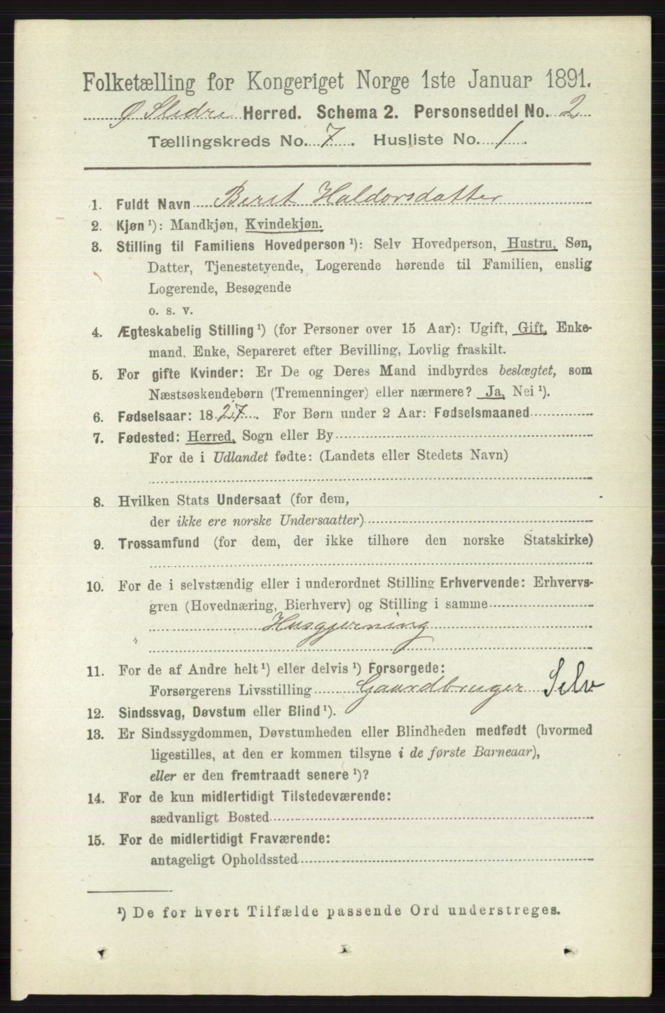 RA, 1891 census for 0544 Øystre Slidre, 1891, p. 2172