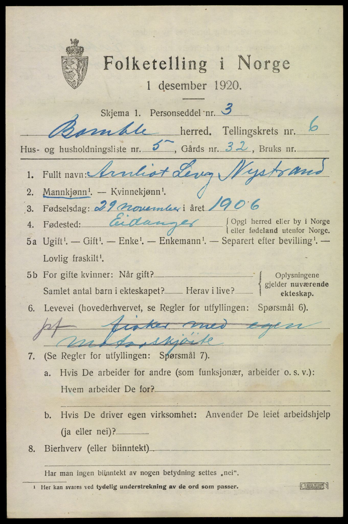 SAKO, 1920 census for Bamble, 1920, p. 5927