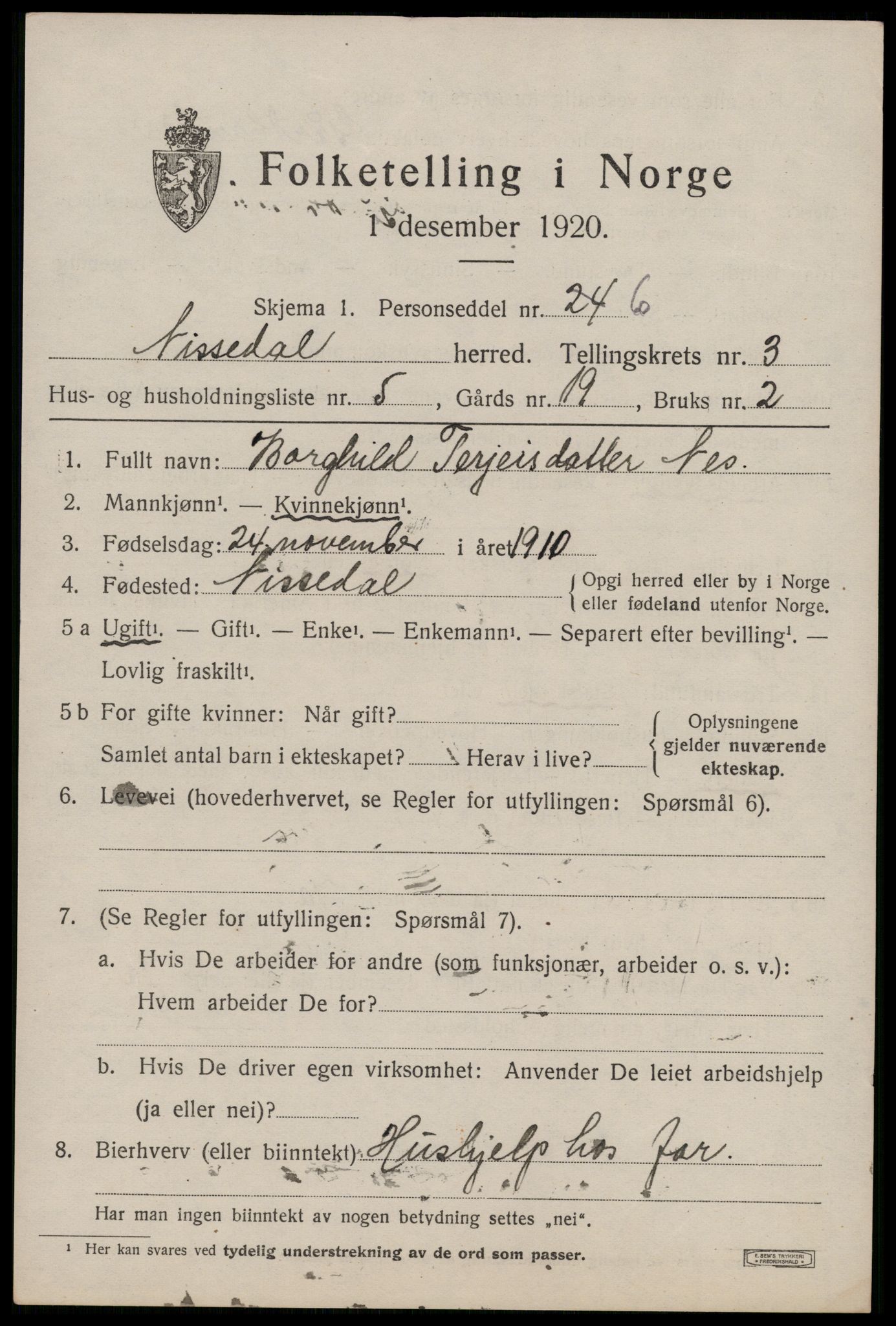 SAKO, 1920 census for Nissedal, 1920, p. 1543