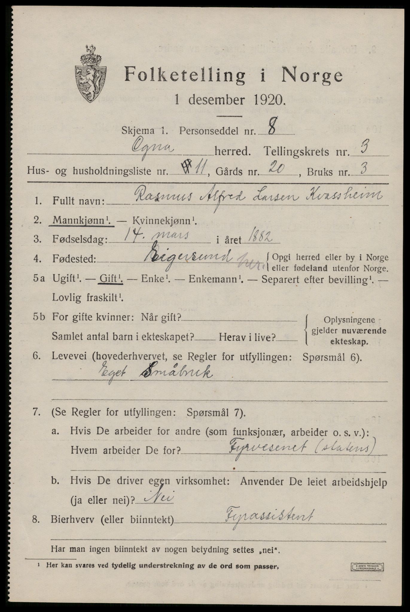 SAST, 1920 census for Ogna, 1920, p. 1895