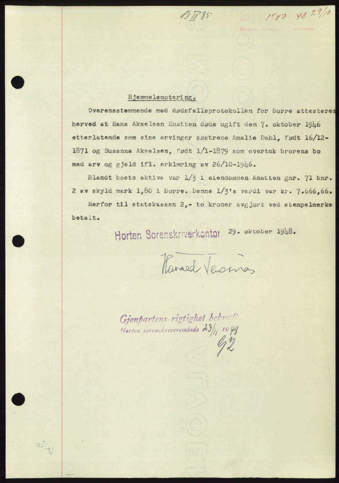 Horten sorenskriveri, AV/SAKO-A-133/G/Ga/Gaa/L0011: Mortgage book no. A-11, 1948-1948, Diary no: : 1700/1948