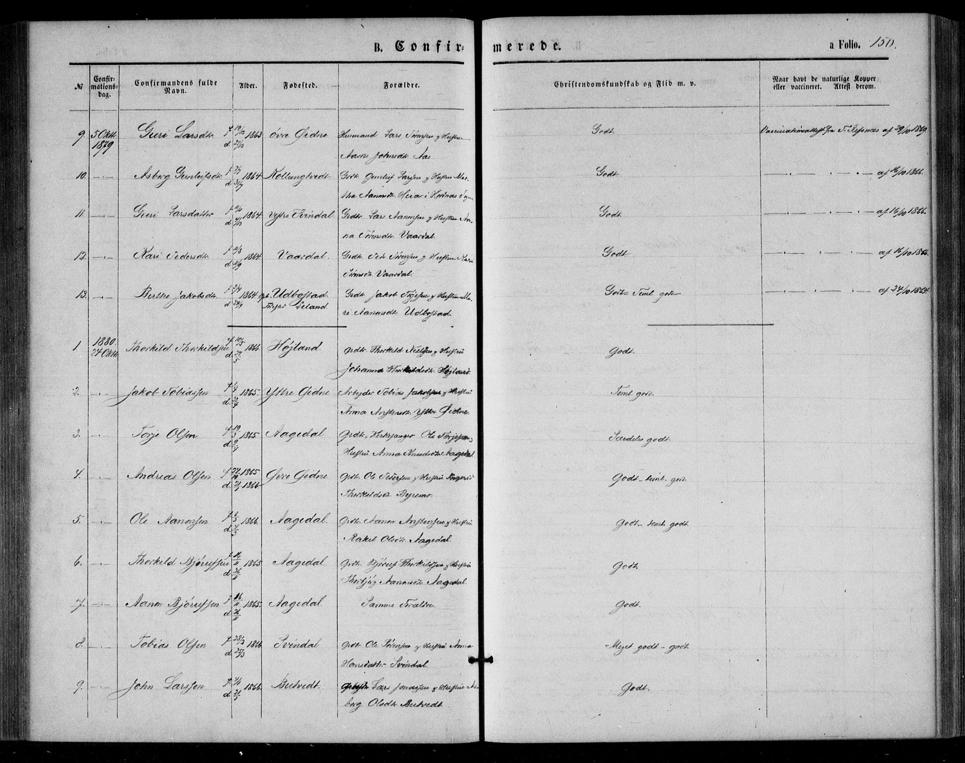 Bjelland sokneprestkontor, SAK/1111-0005/F/Fa/Fac/L0002: Parish register (official) no. A 2, 1866-1887, p. 150