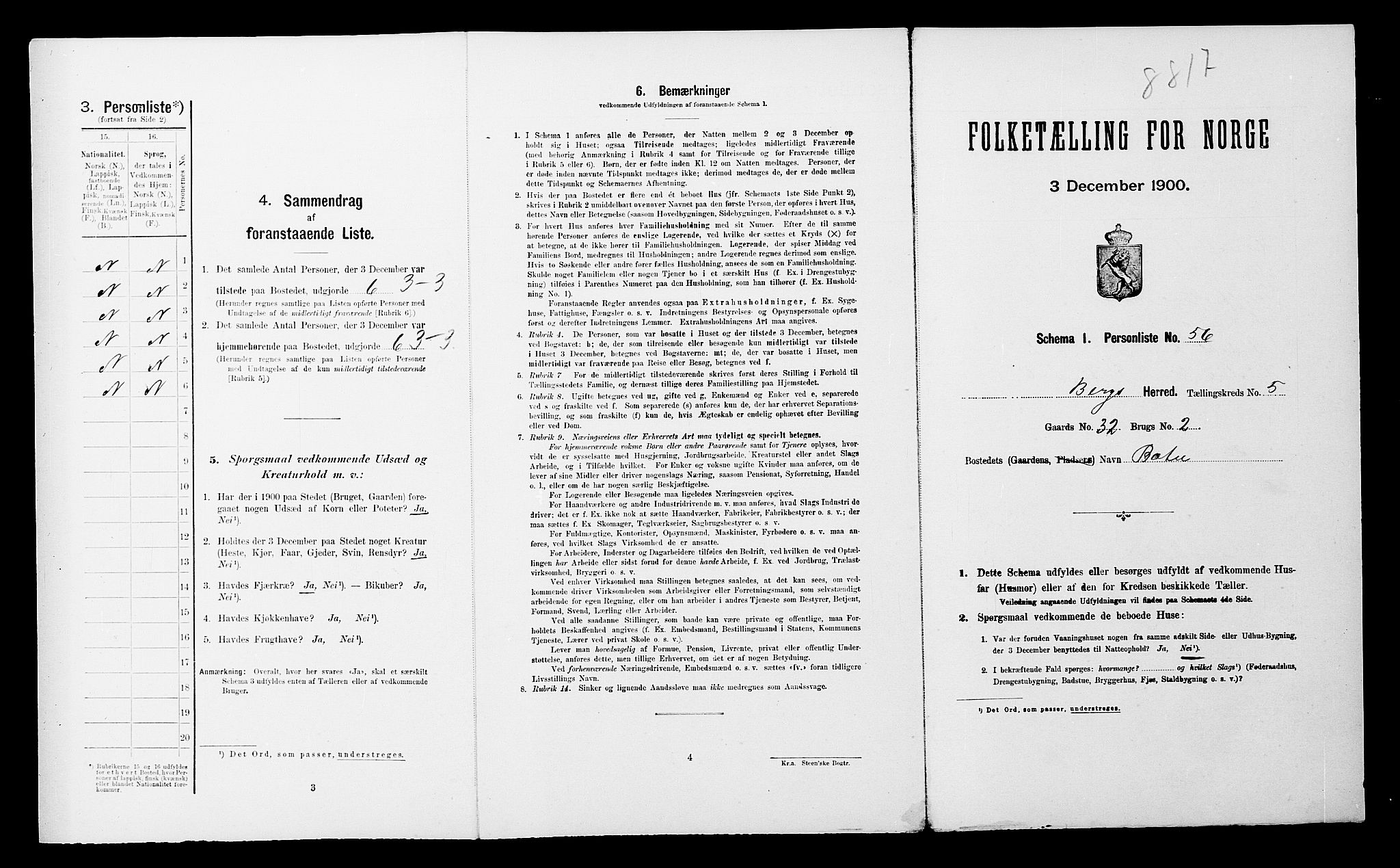 SATØ, 1900 census for Berg, 1900, p. 594