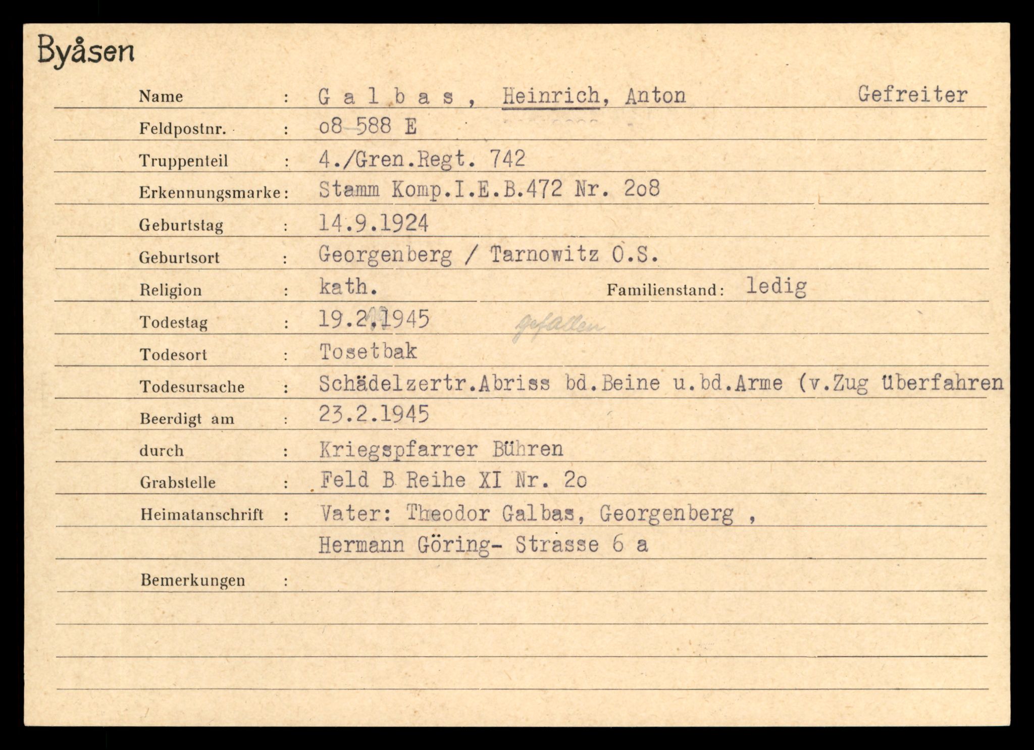 Distriktskontoret for krigsgraver, AV/SAT-A-5030/E/L0004: Kasett/kartotek over tysk Krigskirkegård på Byåsen, 1945, p. 457