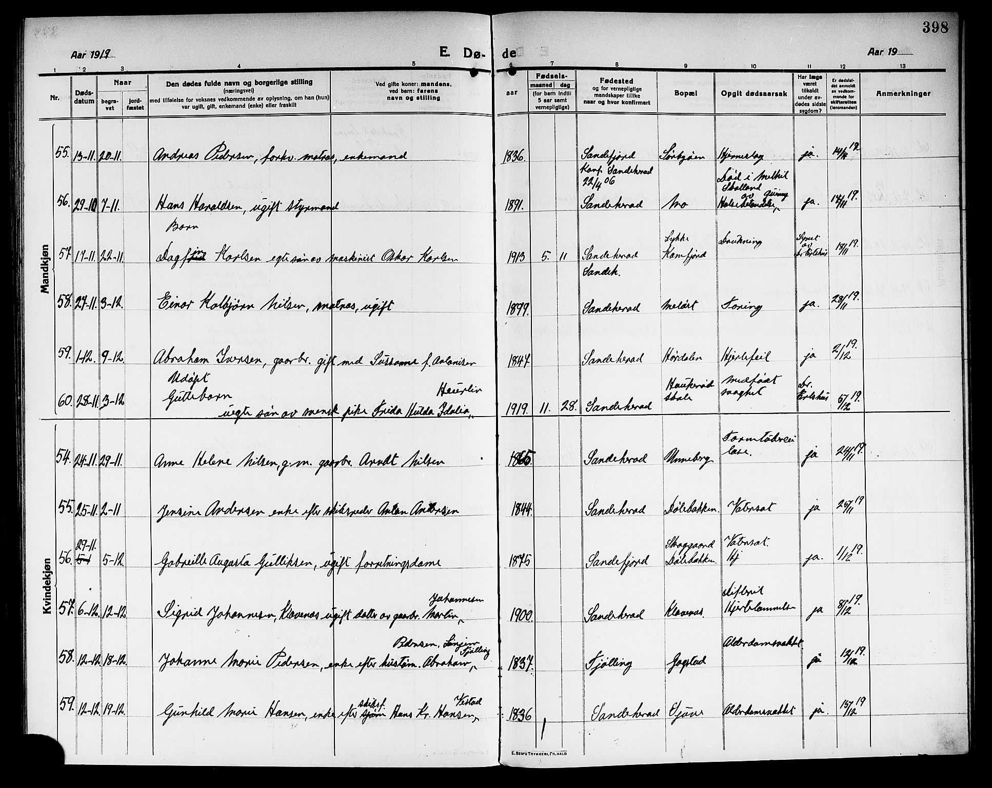 Sandar kirkebøker, AV/SAKO-A-243/G/Ga/L0003: Parish register (copy) no. 3, 1916-1922, p. 398