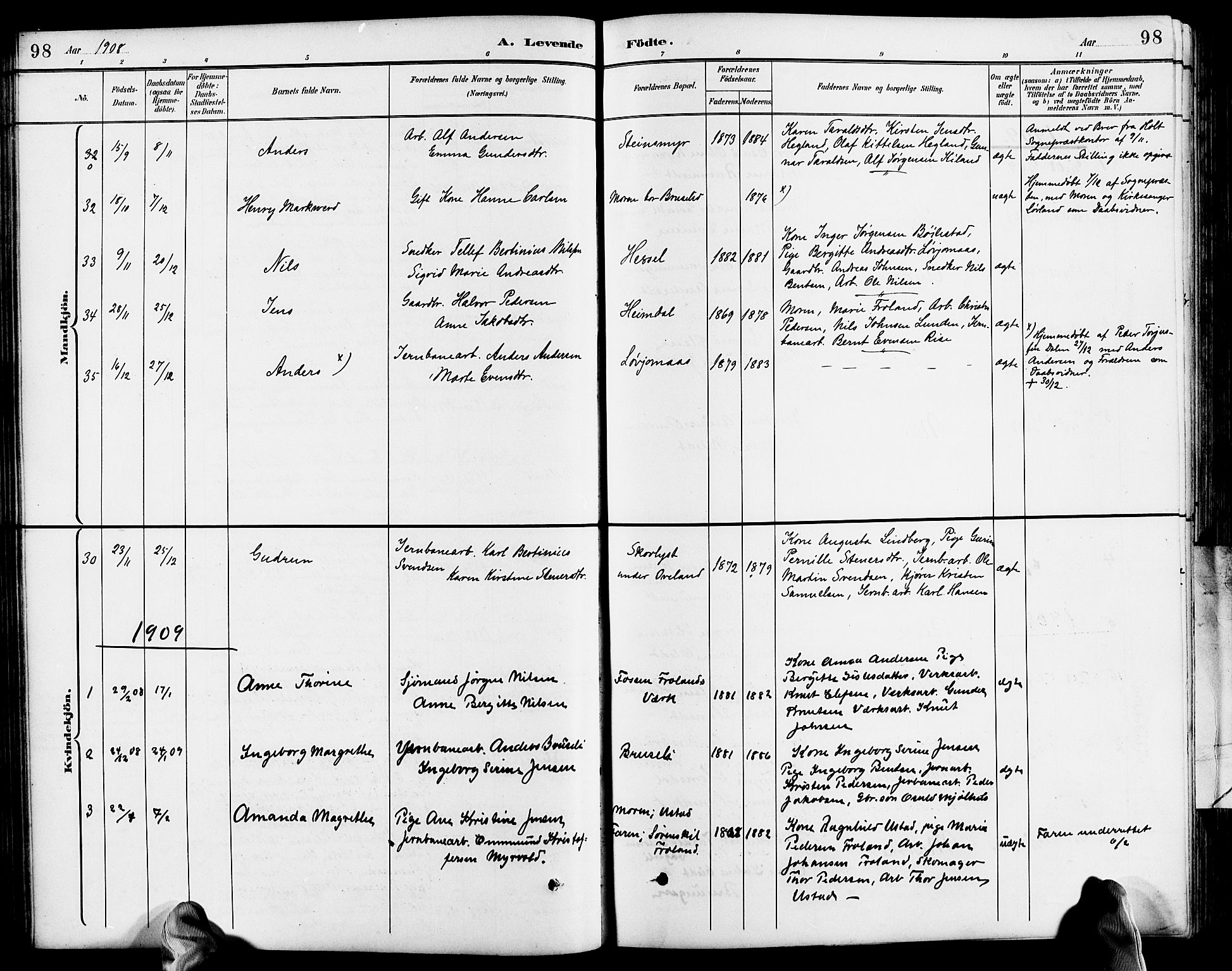 Froland sokneprestkontor, SAK/1111-0013/F/Fb/L0010: Parish register (copy) no. B 10, 1893-1920, p. 98