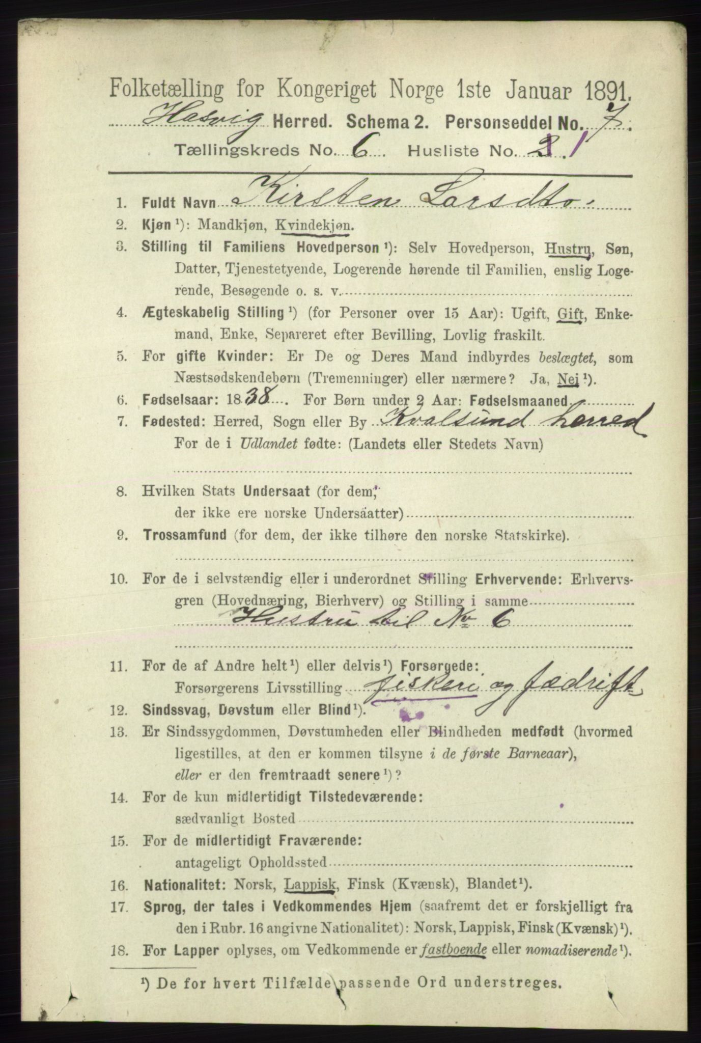 RA, 1891 census for 2015 Hasvik, 1891, p. 872