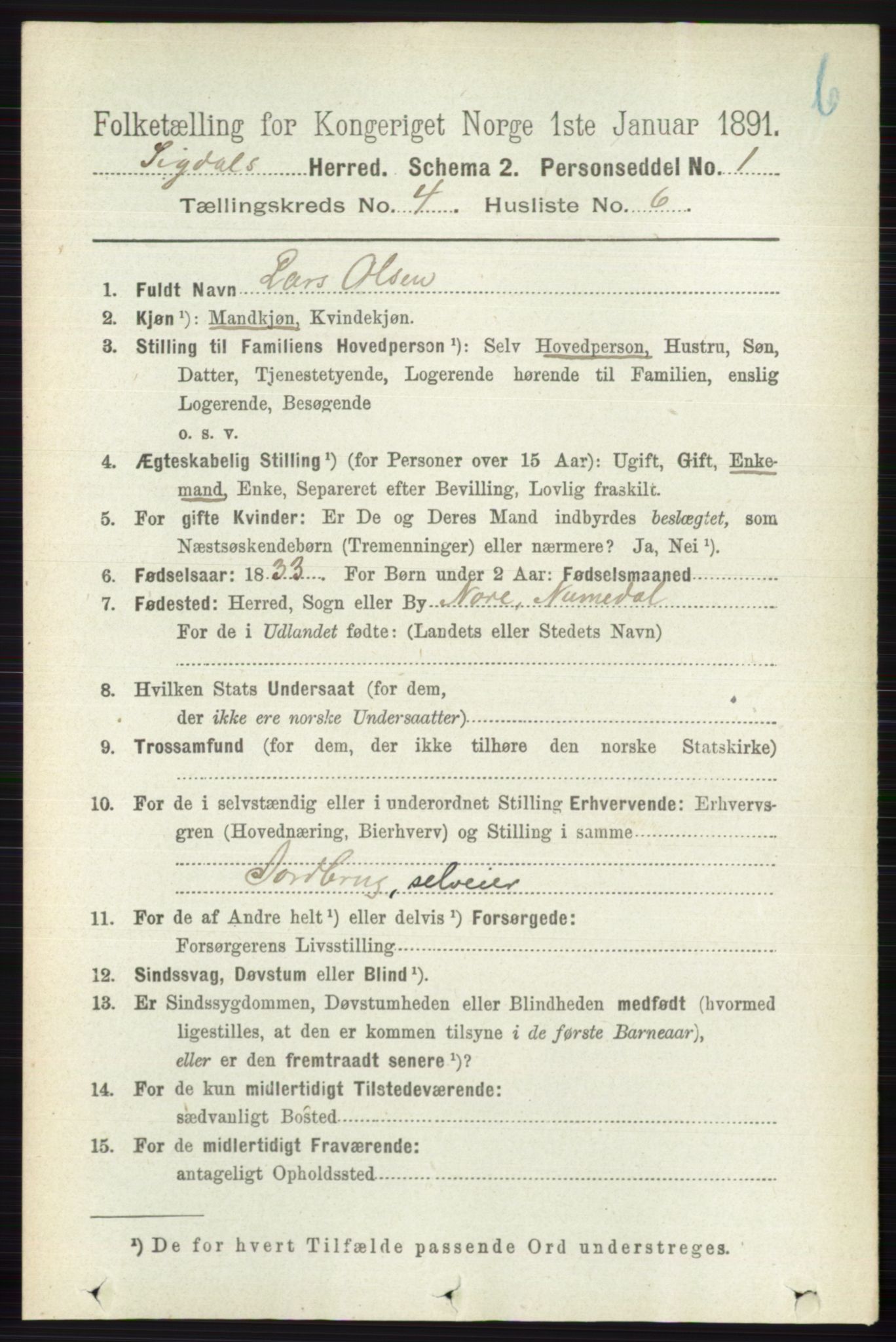 RA, 1891 census for 0621 Sigdal, 1891, p. 4698