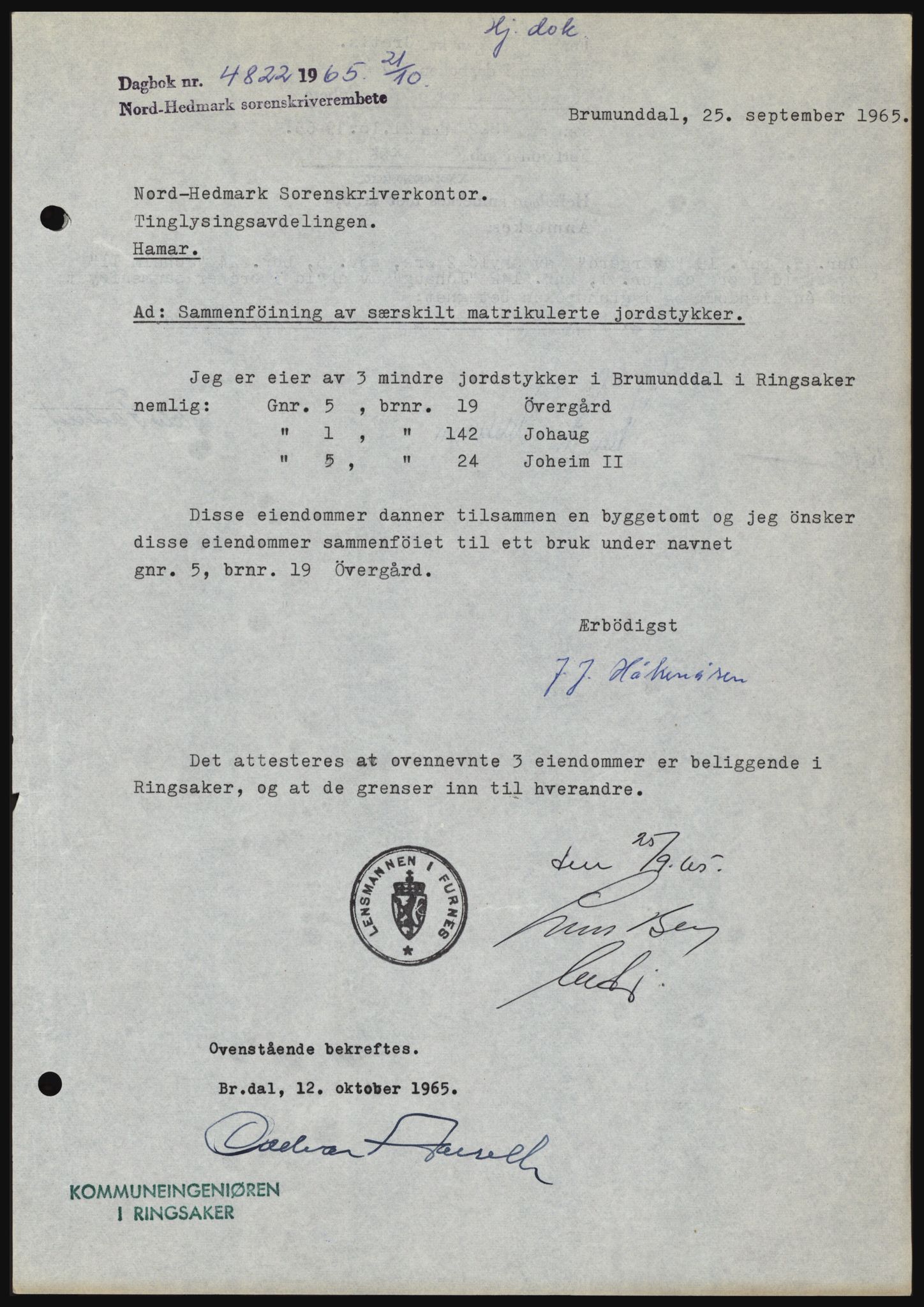 Nord-Hedmark sorenskriveri, SAH/TING-012/H/Hc/L0022: Mortgage book no. 22, 1965-1965, Diary no: : 4822/1965