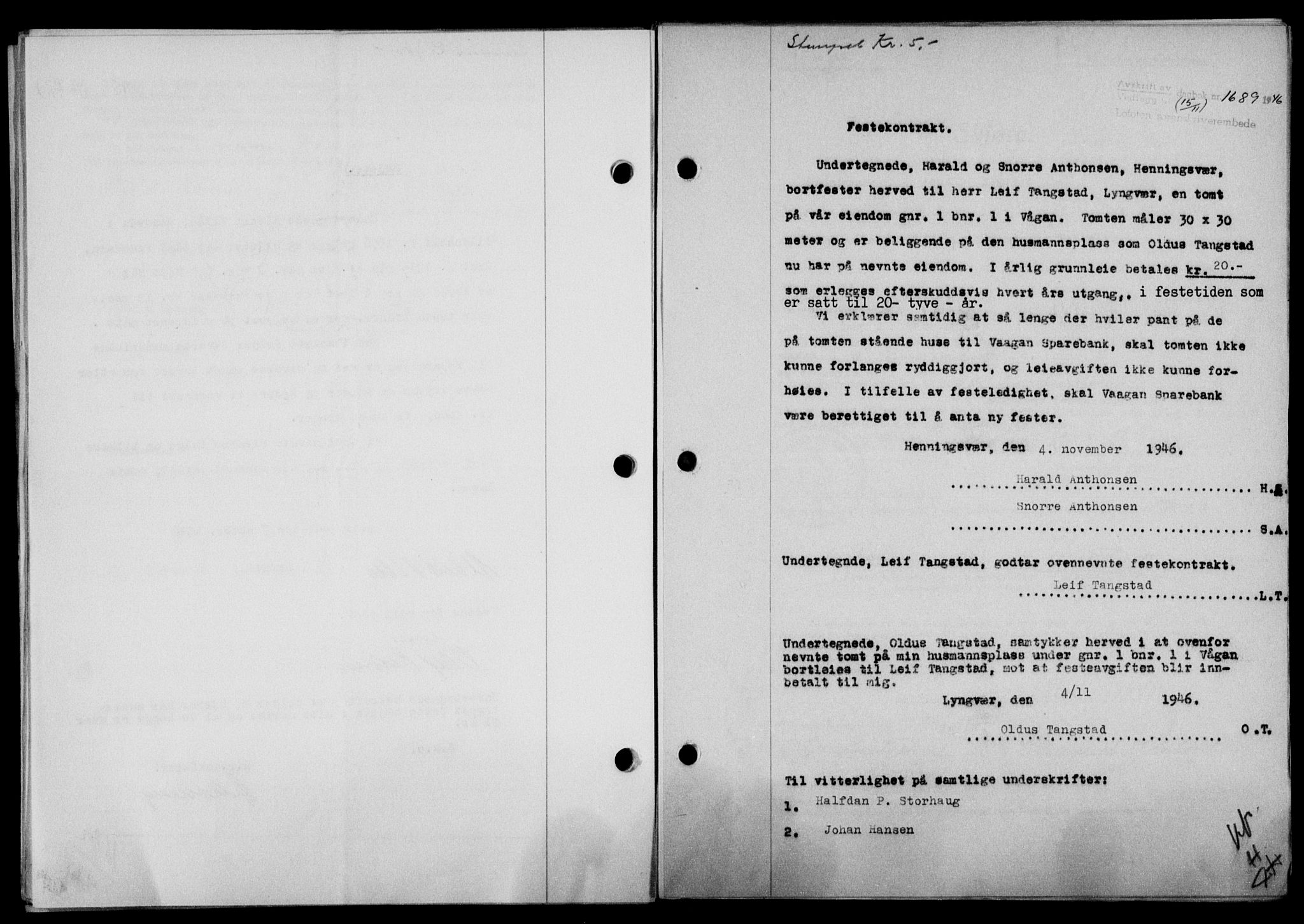 Lofoten sorenskriveri, SAT/A-0017/1/2/2C/L0015a: Mortgage book no. 15a, 1946-1947, Diary no: : 1689/1946