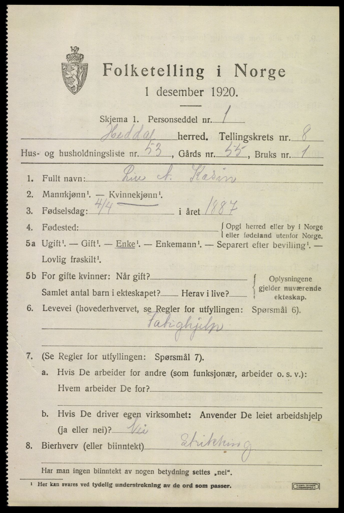 SAKO, 1920 census for Heddal, 1920, p. 6574