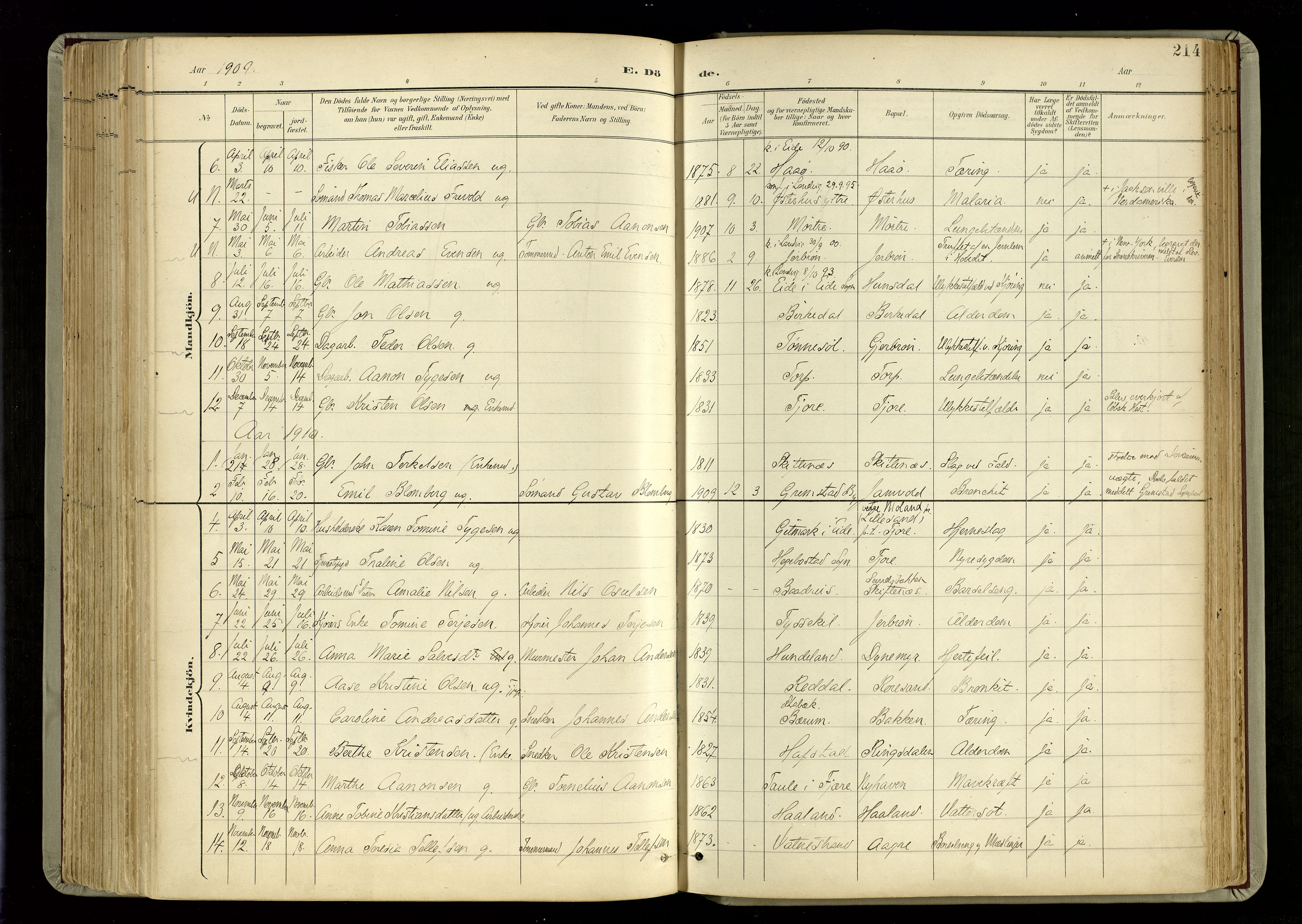 Hommedal sokneprestkontor, SAK/1111-0023/F/Fa/Fab/L0007: Parish register (official) no. A 7, 1898-1924, p. 214