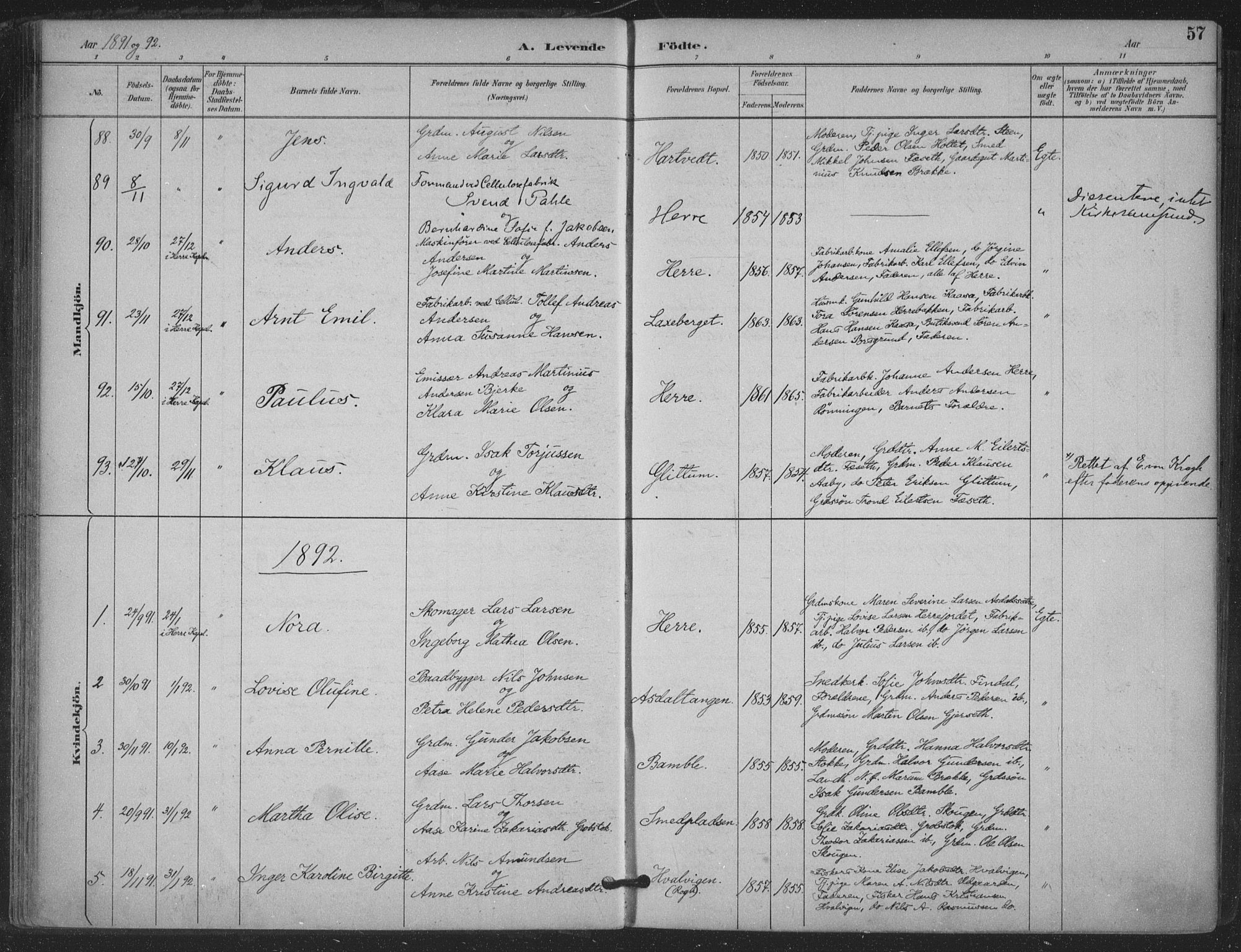 Bamble kirkebøker, SAKO/A-253/F/Fa/L0008: Parish register (official) no. I 8, 1888-1900, p. 57