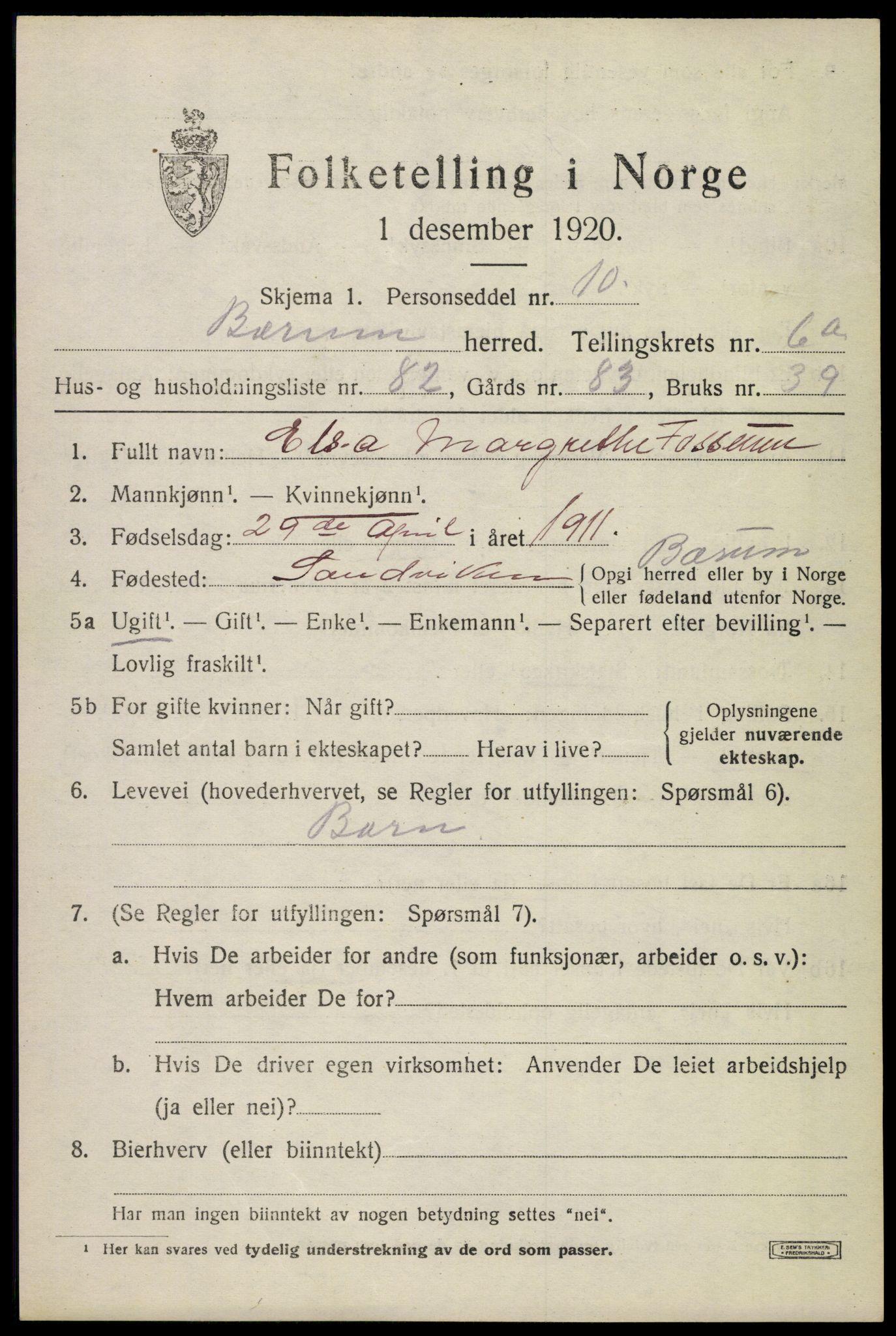 SAO, 1920 census for Bærum, 1920, p. 13980