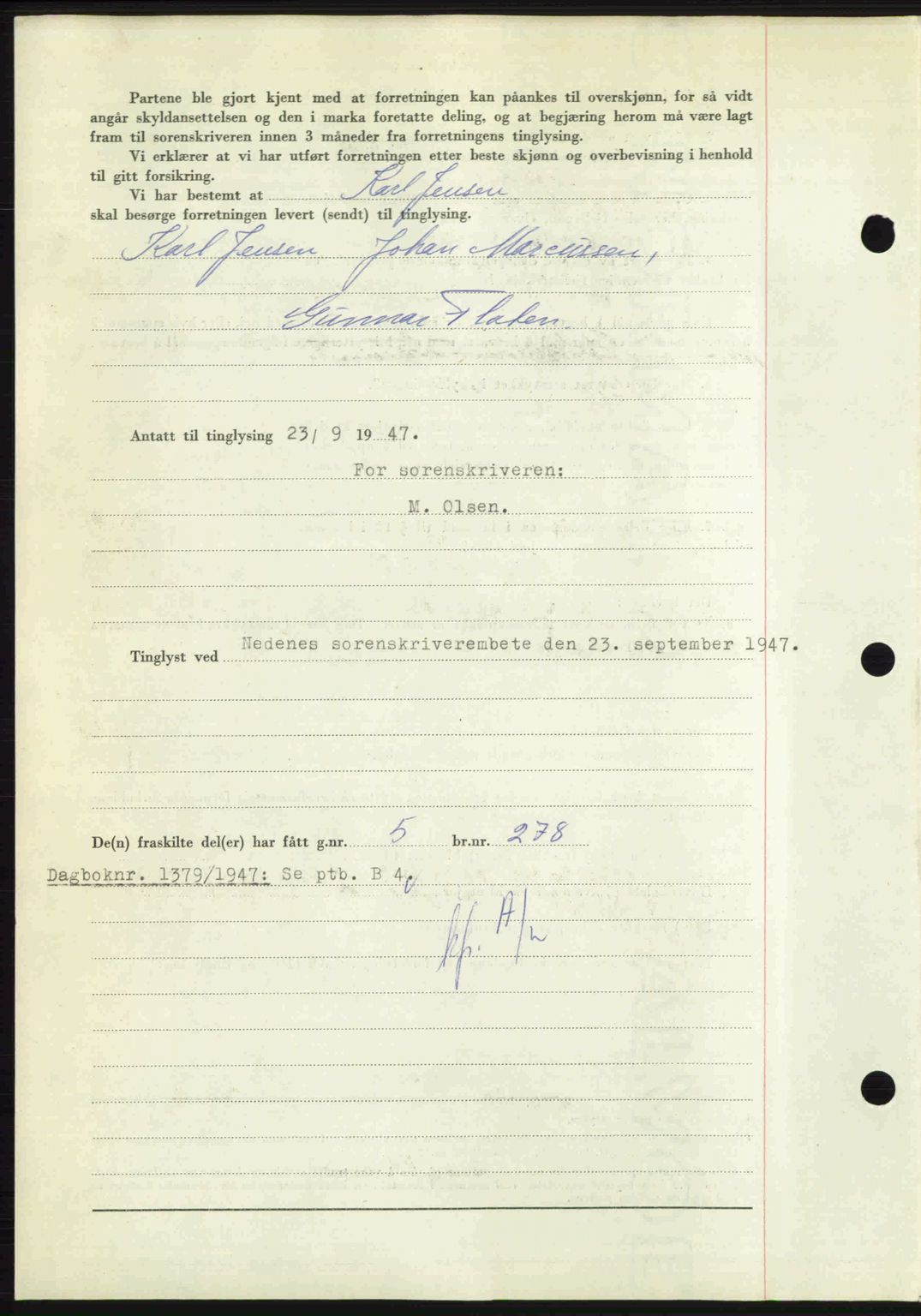 Nedenes sorenskriveri, AV/SAK-1221-0006/G/Gb/Gba/L0058: Mortgage book no. A10, 1947-1948, Diary no: : 1378/1947