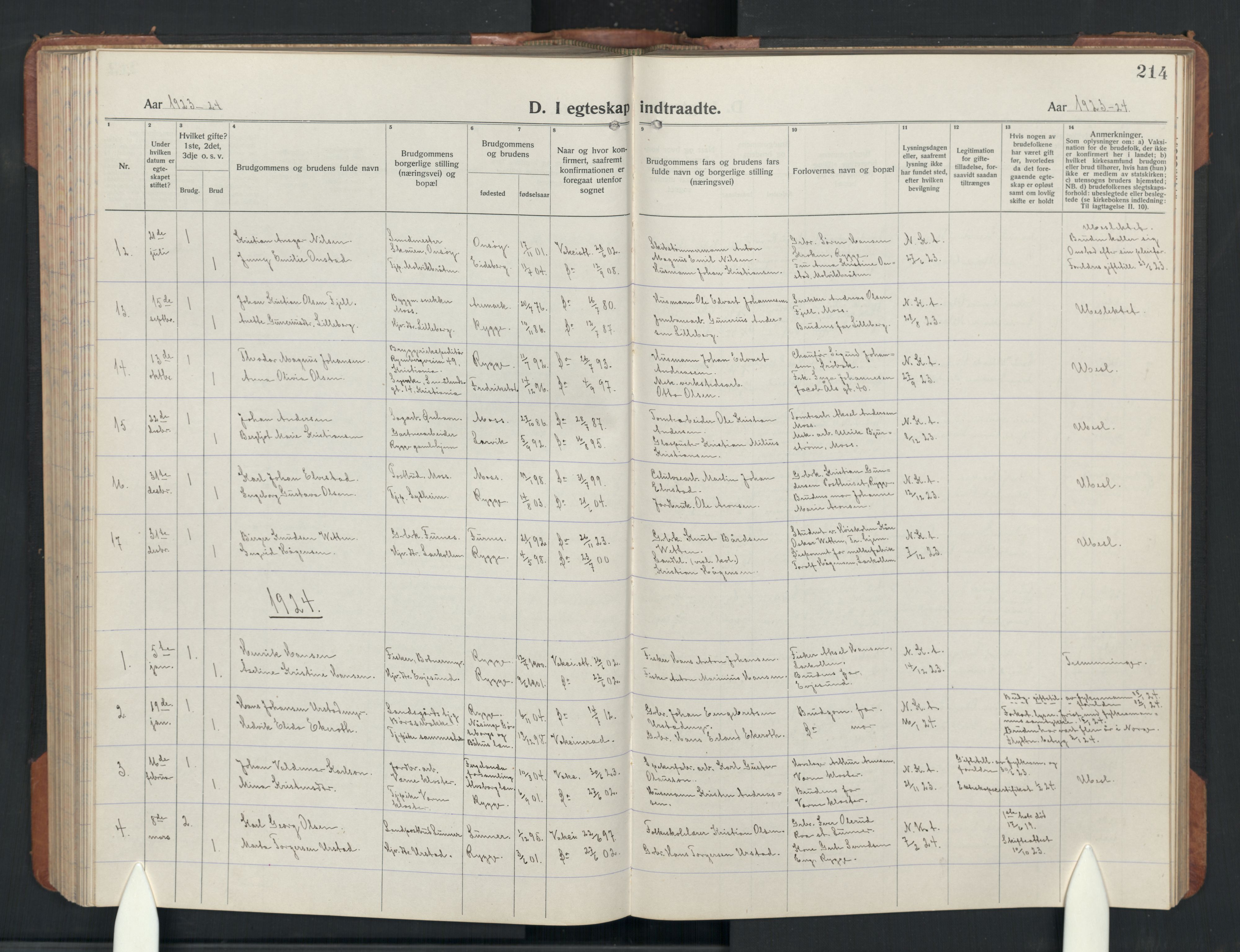 Rygge prestekontor Kirkebøker, SAO/A-10084b/G/Ga/L0004: Parish register (copy) no. 4, 1922-1953, p. 214