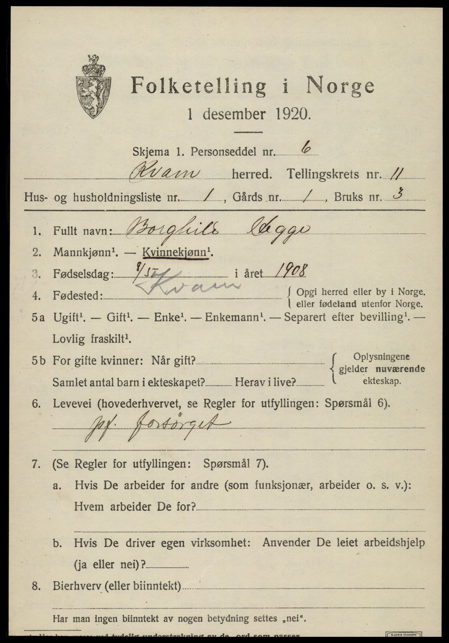 SAT, 1920 census for Kvam, 1920, p. 2721