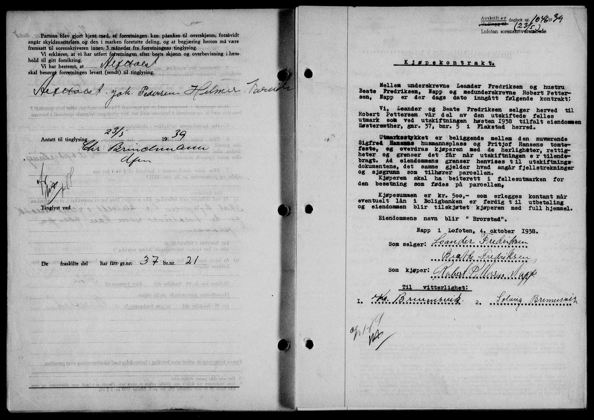 Lofoten sorenskriveri, SAT/A-0017/1/2/2C/L0005a: Mortgage book no. 5a, 1939-1939, Diary no: : 1046/1939