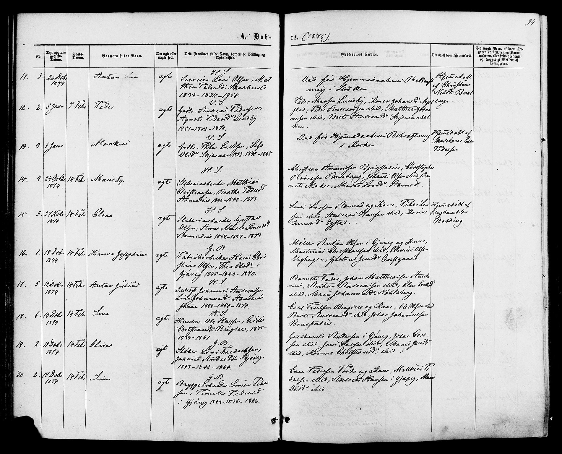 Vardal prestekontor, SAH/PREST-100/H/Ha/Haa/L0007: Parish register (official) no. 7, 1867-1878, p. 94