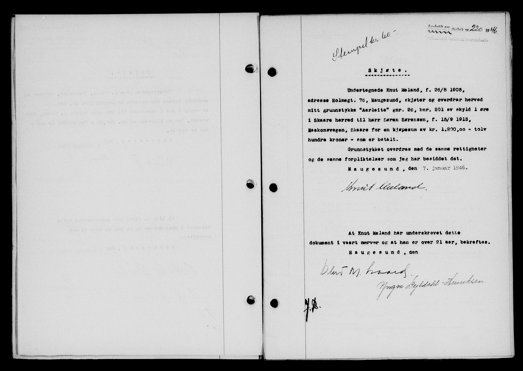 Karmsund sorenskriveri, AV/SAST-A-100311/01/II/IIB/L0085: Mortgage book no. 66A, 1946-1946, Diary no: : 220/1946