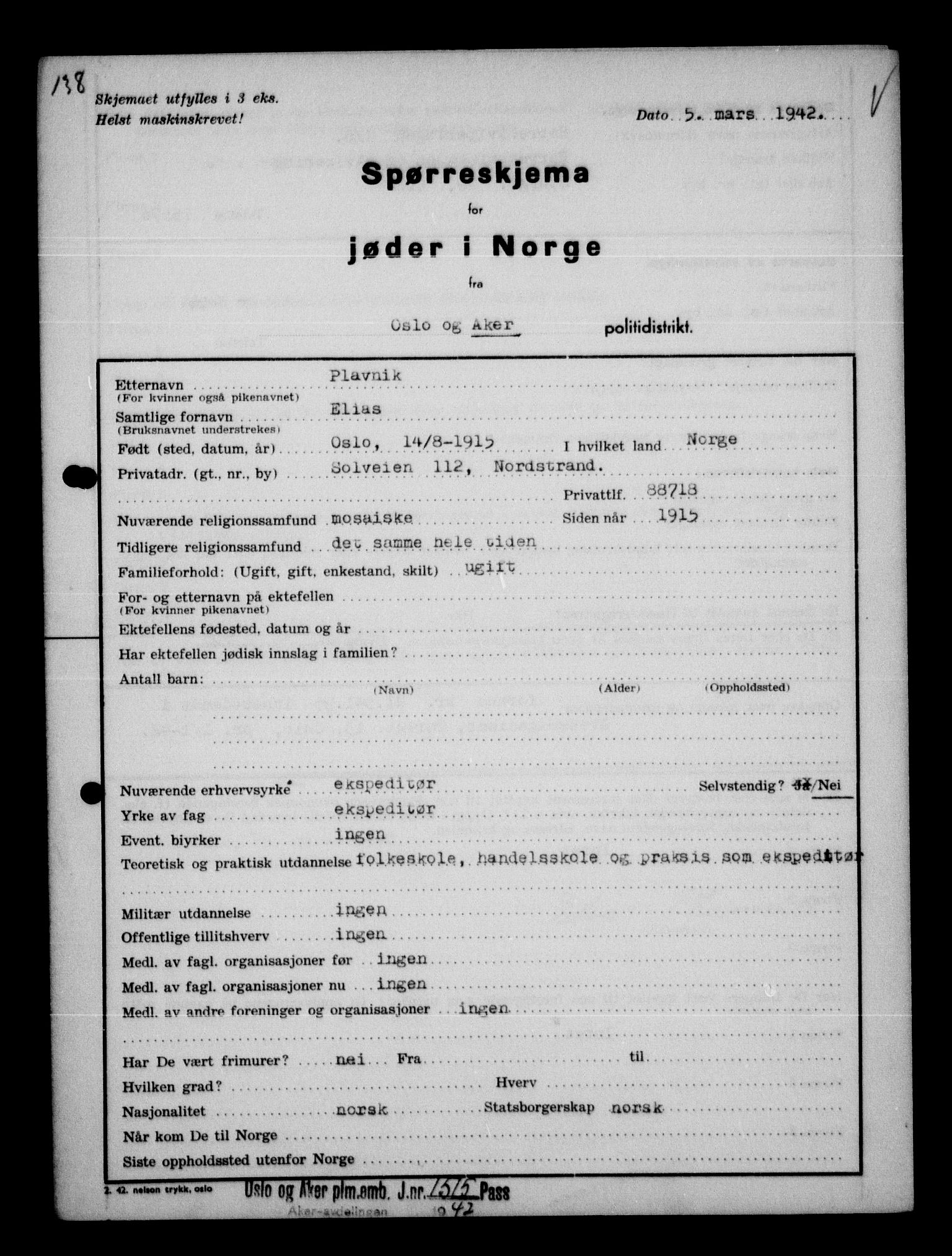 Statspolitiet - Hovedkontoret / Osloavdelingen, AV/RA-S-1329/G/Ga/L0012: Spørreskjema for jøder i Norge. 1: Aker 114- 207 (Levinson-Wozak) og 656 (Salomon). 2: Arendal-Hordaland. 3: Horten-Romerike.  , 1942, p. 75