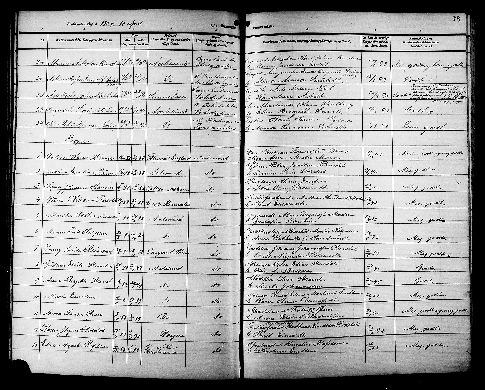 Ministerialprotokoller, klokkerbøker og fødselsregistre - Møre og Romsdal, AV/SAT-A-1454/529/L0469: Parish register (copy) no. 529C06, 1898-1906, p. 78