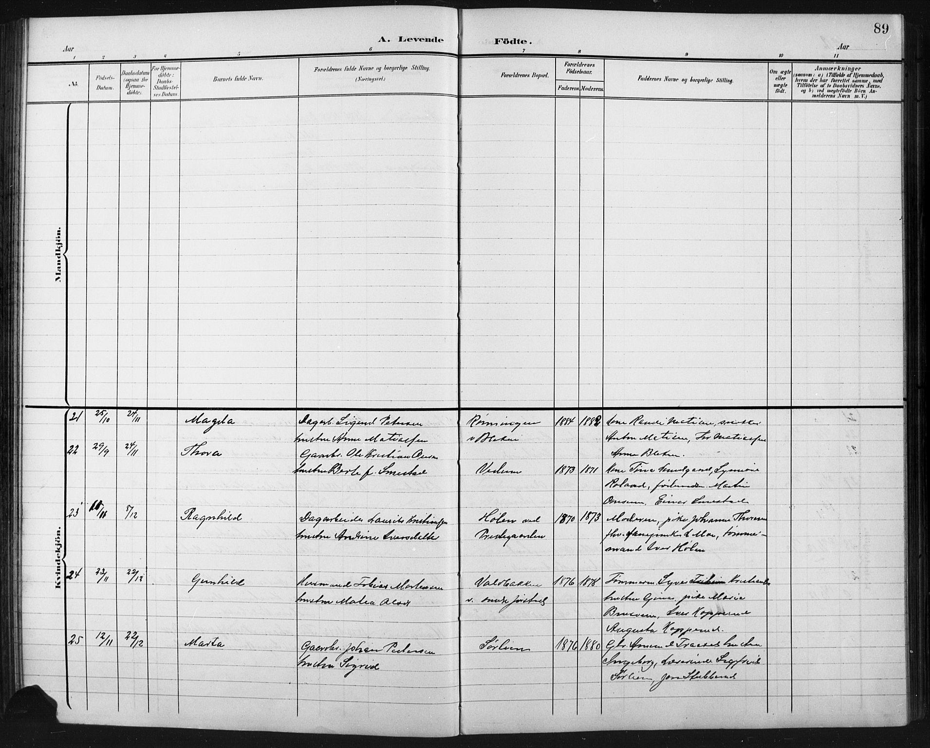 Fåberg prestekontor, AV/SAH-PREST-086/H/Ha/Hab/L0011: Parish register (copy) no. 11, 1901-1921, p. 89