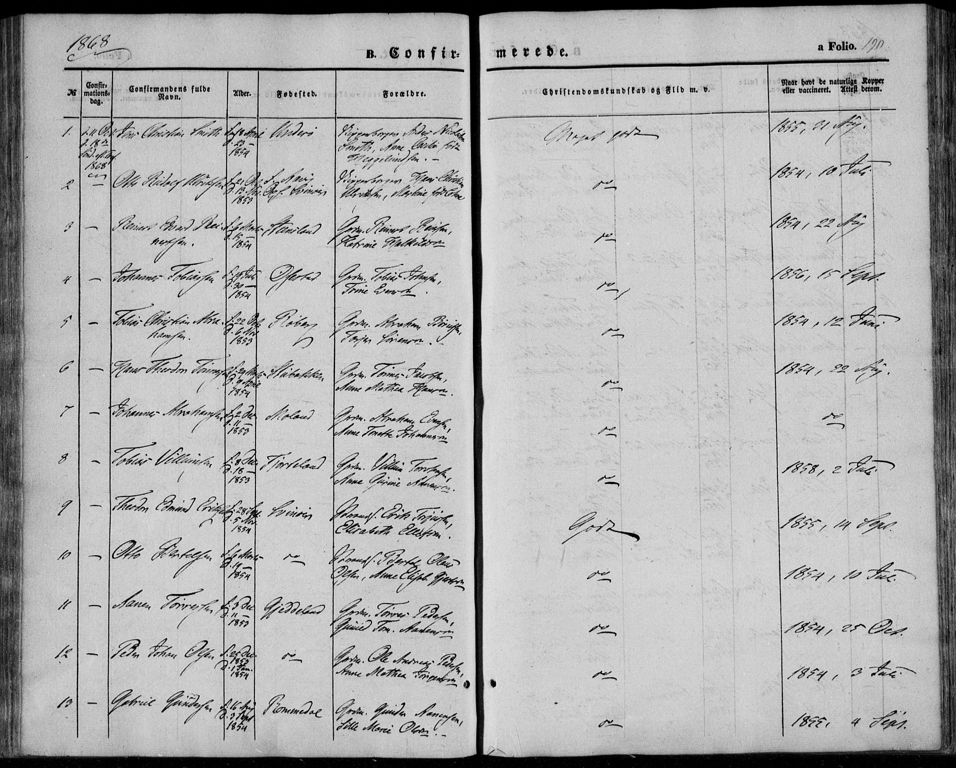 Sør-Audnedal sokneprestkontor, AV/SAK-1111-0039/F/Fa/Fab/L0007: Parish register (official) no. A 7, 1855-1876, p. 190