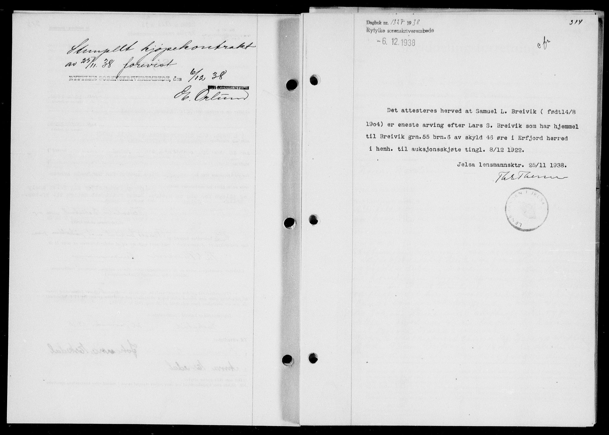 Ryfylke tingrett, SAST/A-100055/001/II/IIB/L0078: Mortgage book no. 57, 1938-1938, Diary no: : 1327/1938