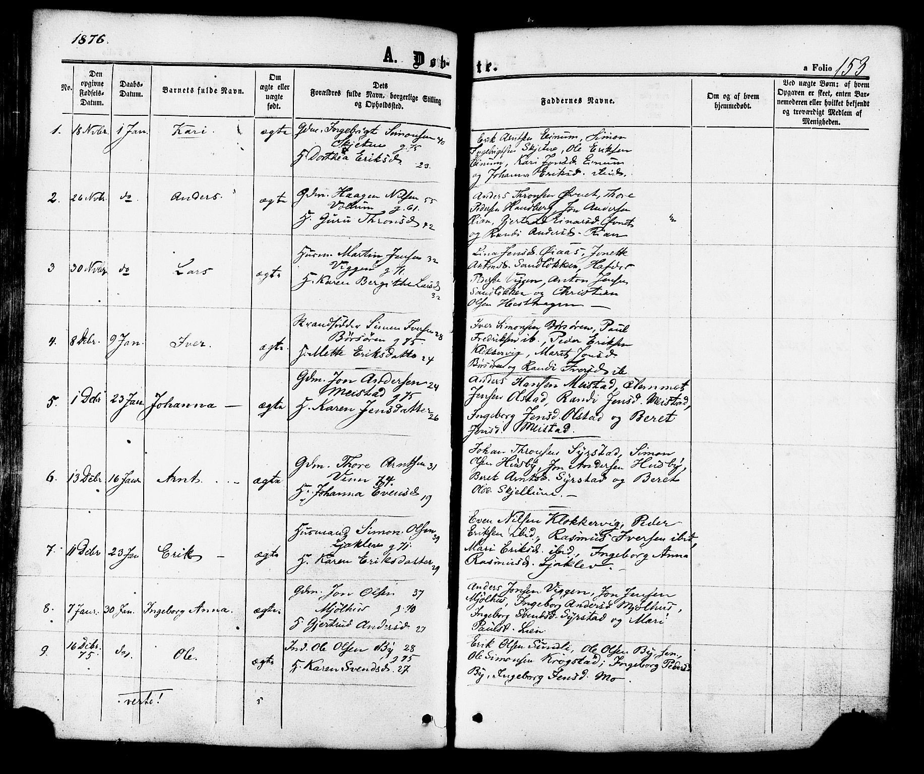Ministerialprotokoller, klokkerbøker og fødselsregistre - Sør-Trøndelag, SAT/A-1456/665/L0772: Parish register (official) no. 665A07, 1856-1878, p. 153