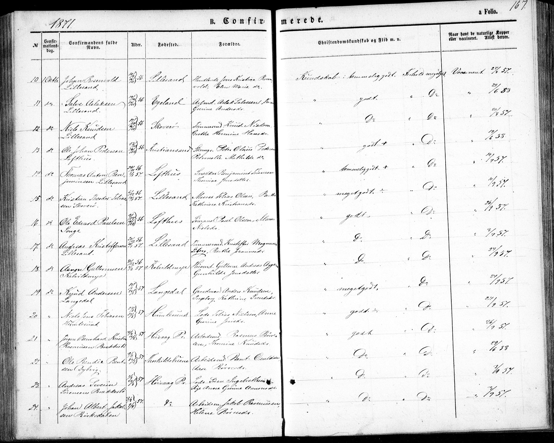 Vestre Moland sokneprestkontor, AV/SAK-1111-0046/F/Fb/Fbb/L0004: Parish register (copy) no. B 4, 1861-1872, p. 167