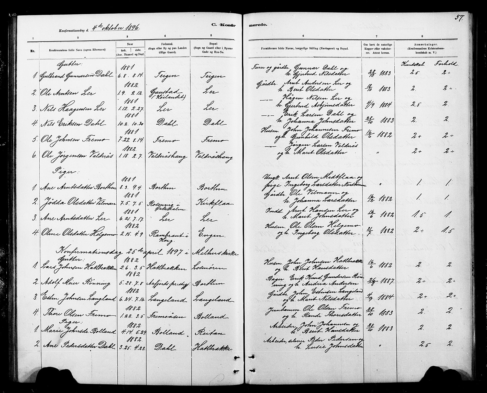 Ministerialprotokoller, klokkerbøker og fødselsregistre - Sør-Trøndelag, AV/SAT-A-1456/693/L1123: Parish register (copy) no. 693C04, 1887-1910, p. 57