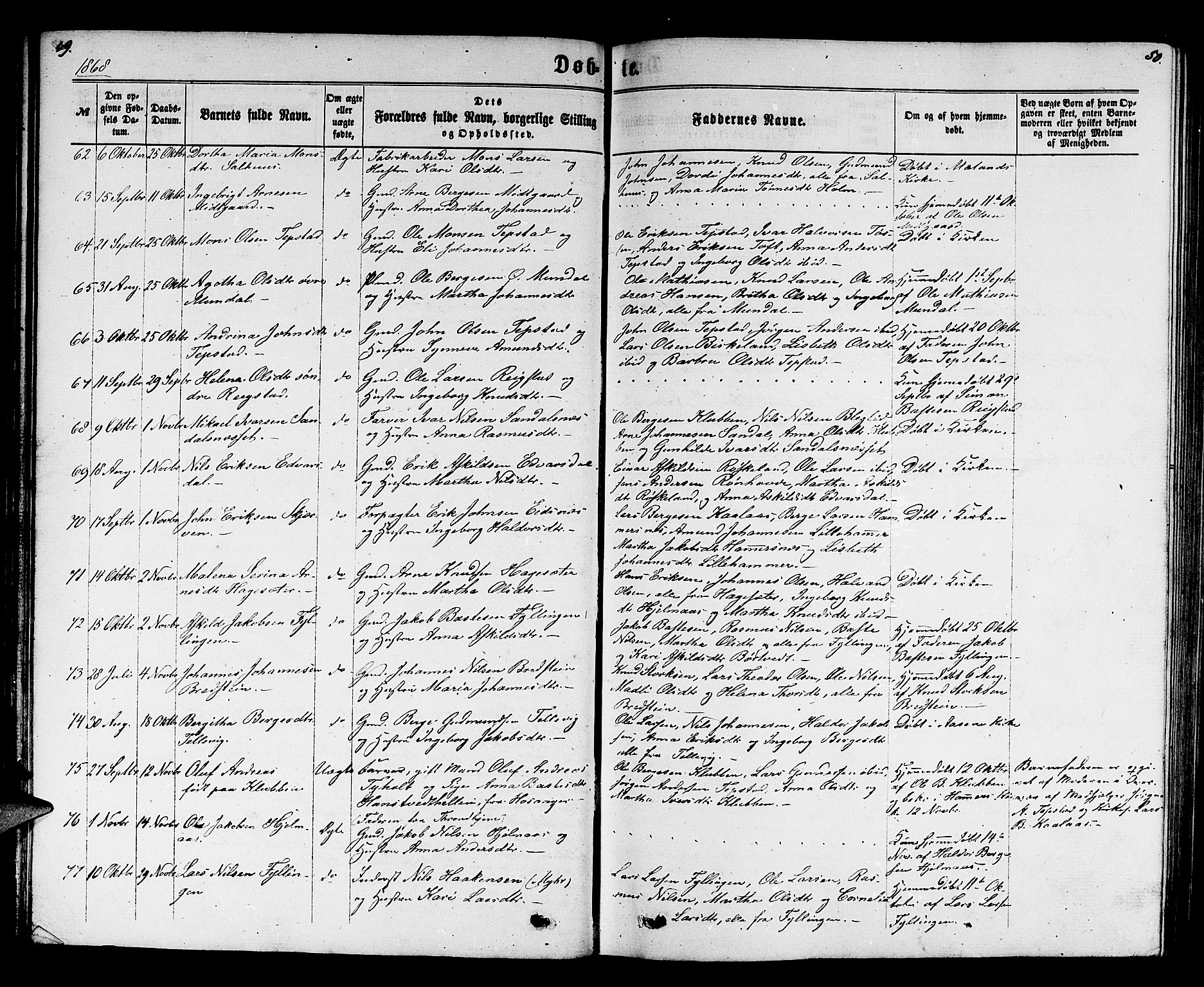 Hamre sokneprestembete, SAB/A-75501/H/Ha/Hab: Parish register (copy) no. B 2, 1863-1880, p. 49-50