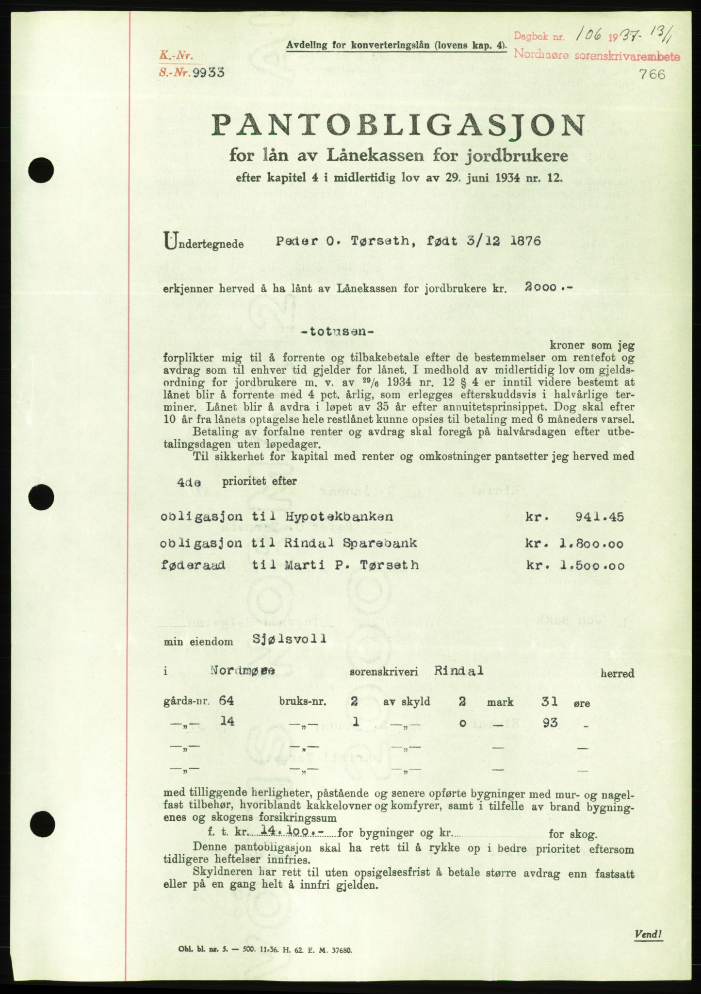 Nordmøre sorenskriveri, AV/SAT-A-4132/1/2/2Ca/L0090: Mortgage book no. B80, 1936-1937, Diary no: : 106/1937