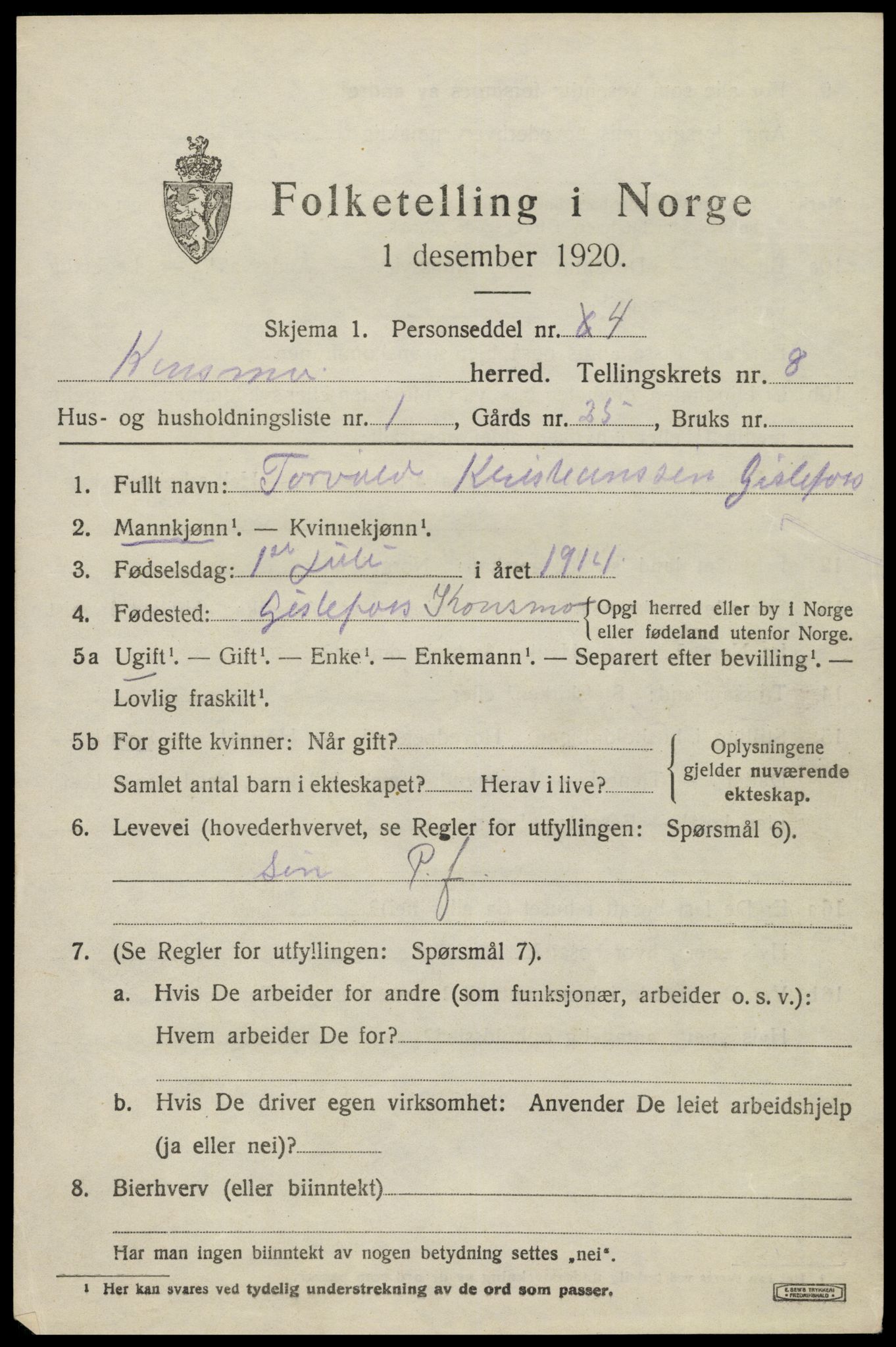 SAK, 1920 census for Konsmo, 1920, p. 1642