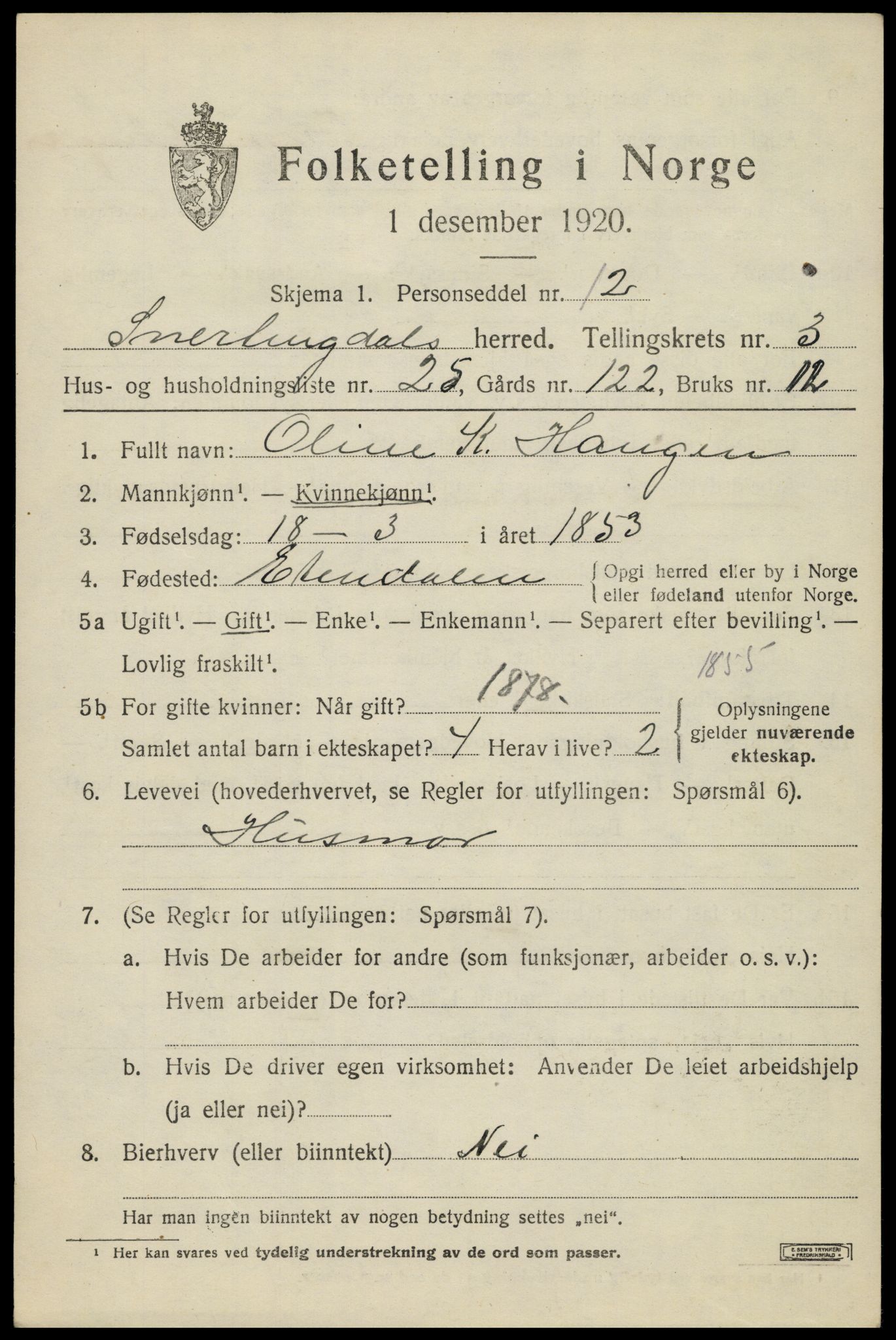 SAH, 1920 census for Snertingdal, 1920, p. 2951