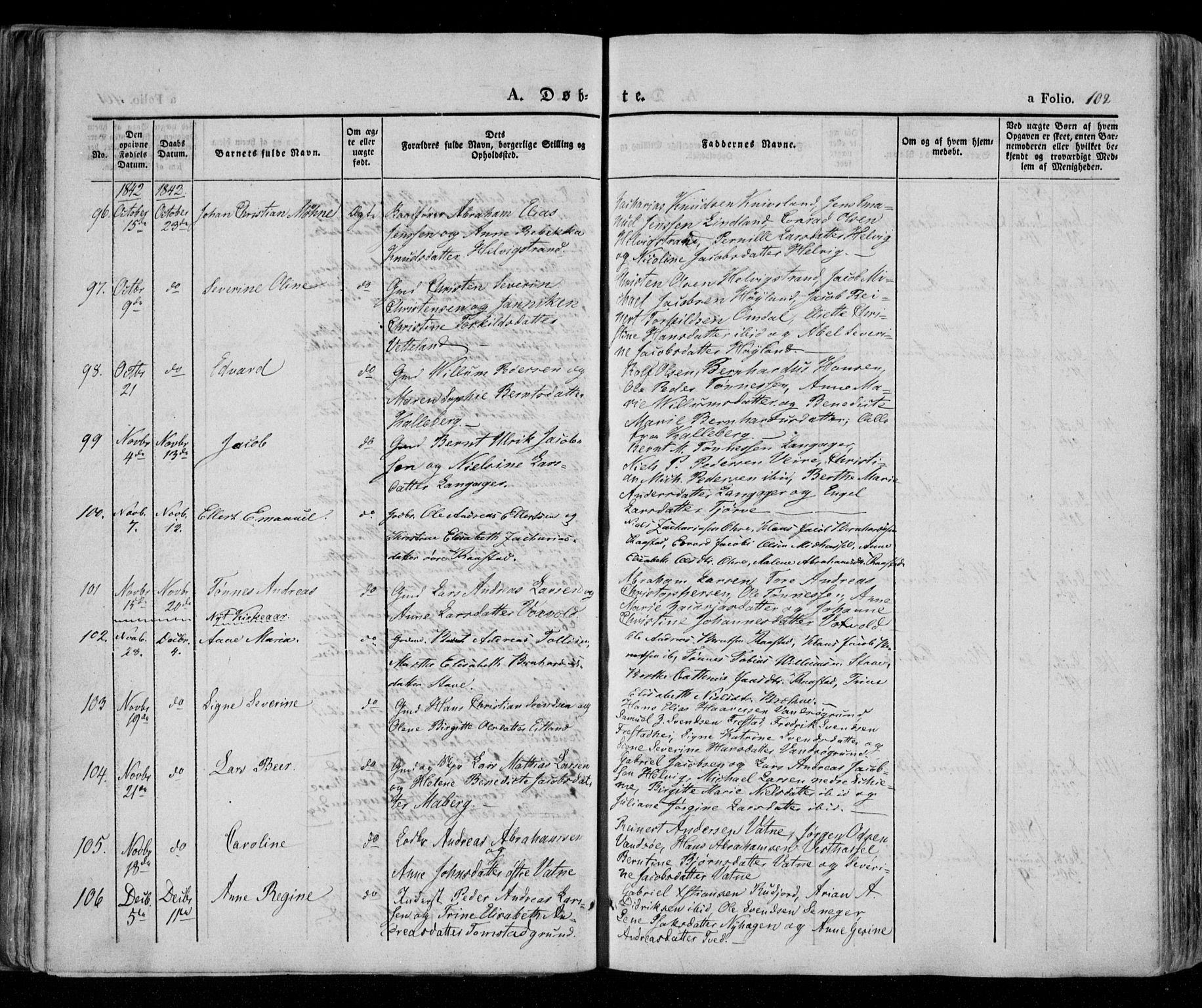 Lista sokneprestkontor, AV/SAK-1111-0027/F/Fa/L0009: Parish register (official) no. A 9, 1835-1846, p. 102