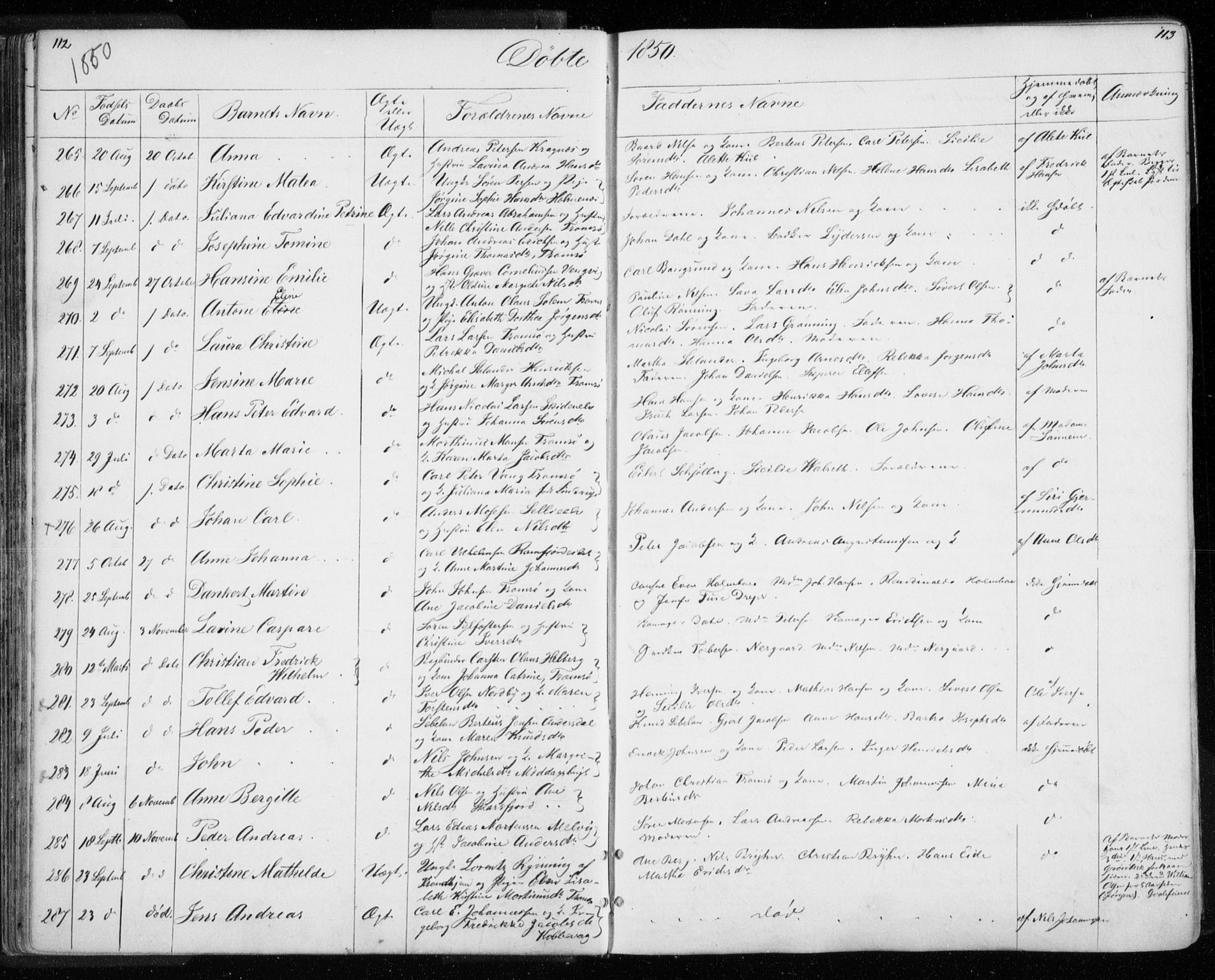 Tromsø sokneprestkontor/stiftsprosti/domprosti, SATØ/S-1343/G/Gb/L0005klokker: Parish register (copy) no. 5, 1846-1857, p. 112-113