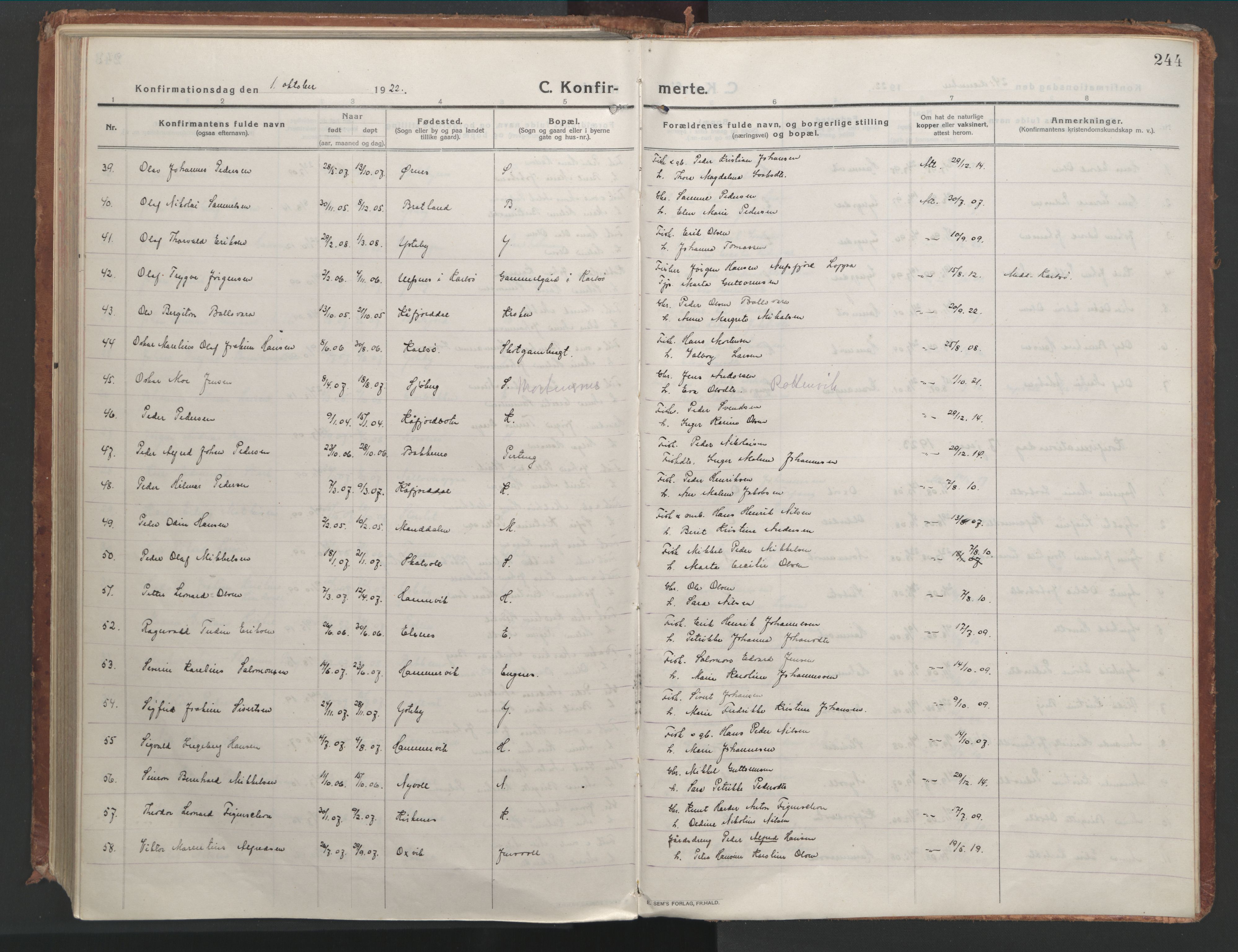 Lyngen sokneprestembete, AV/SATØ-S-1289/H/He/Hea/L0012kirke: Parish register (official) no. 12, 1914-1923, p. 244