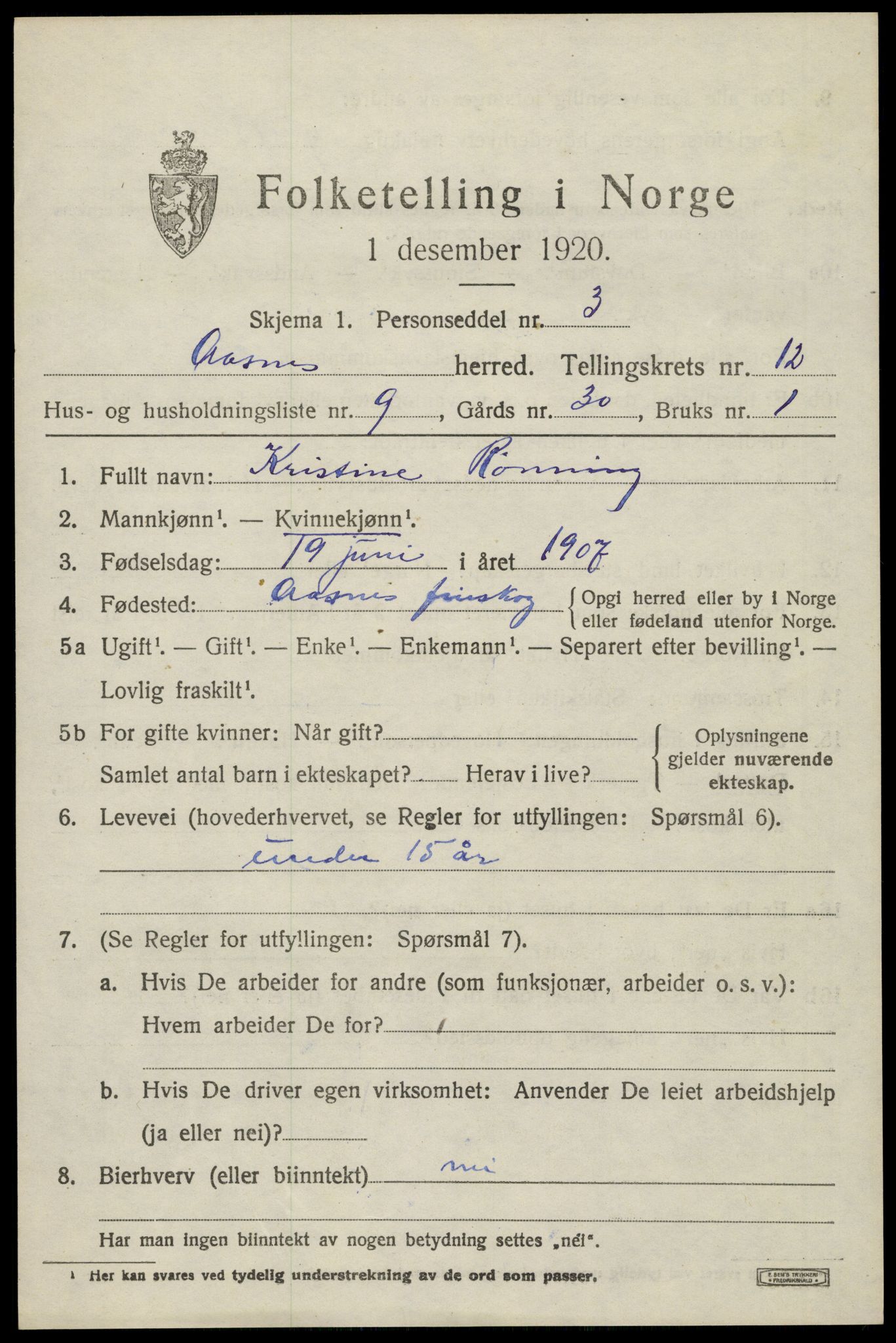 SAH, 1920 census for Åsnes, 1920, p. 12346