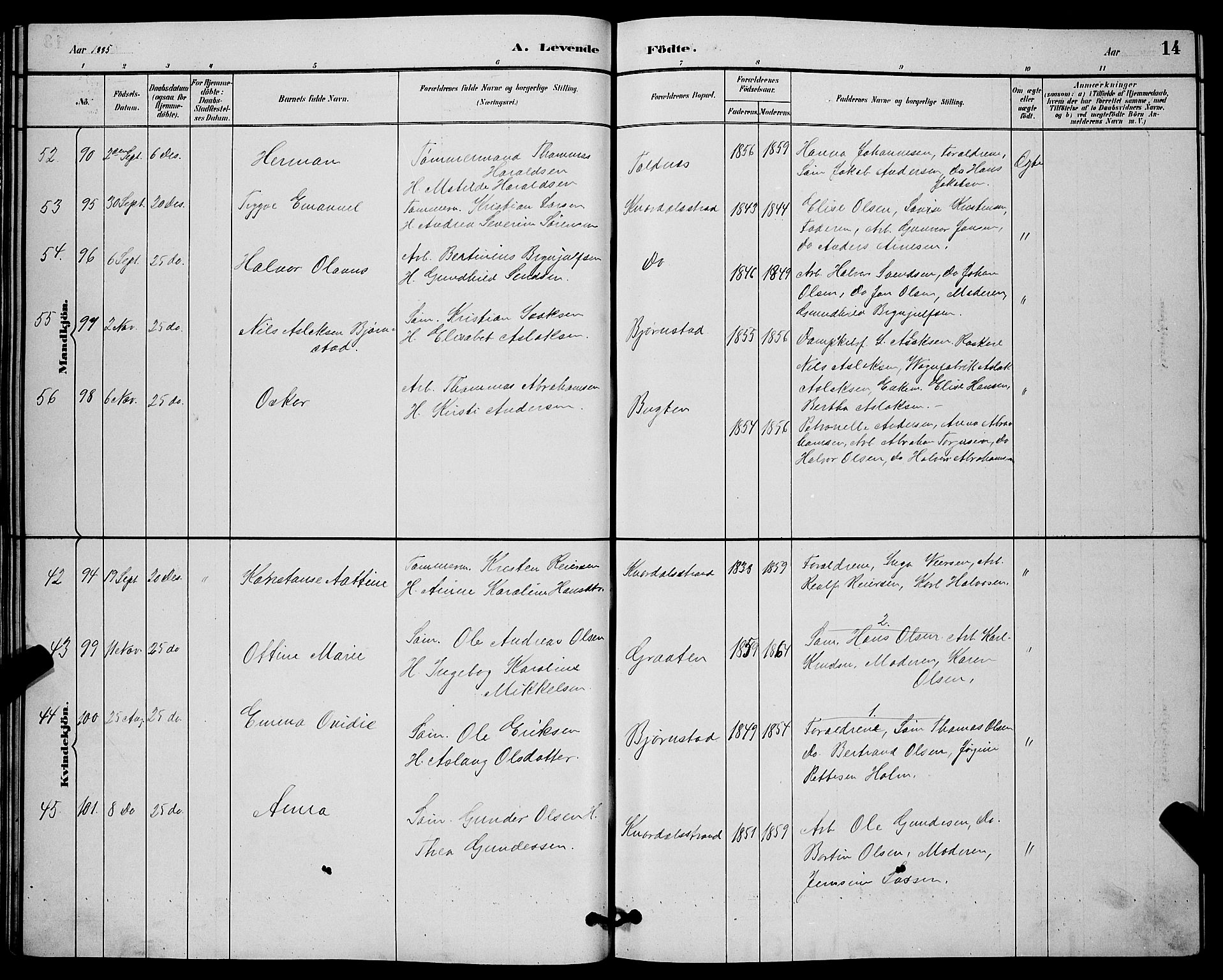 Solum kirkebøker, SAKO/A-306/G/Ga/L0007: Parish register (copy) no. I 7, 1884-1898, p. 14