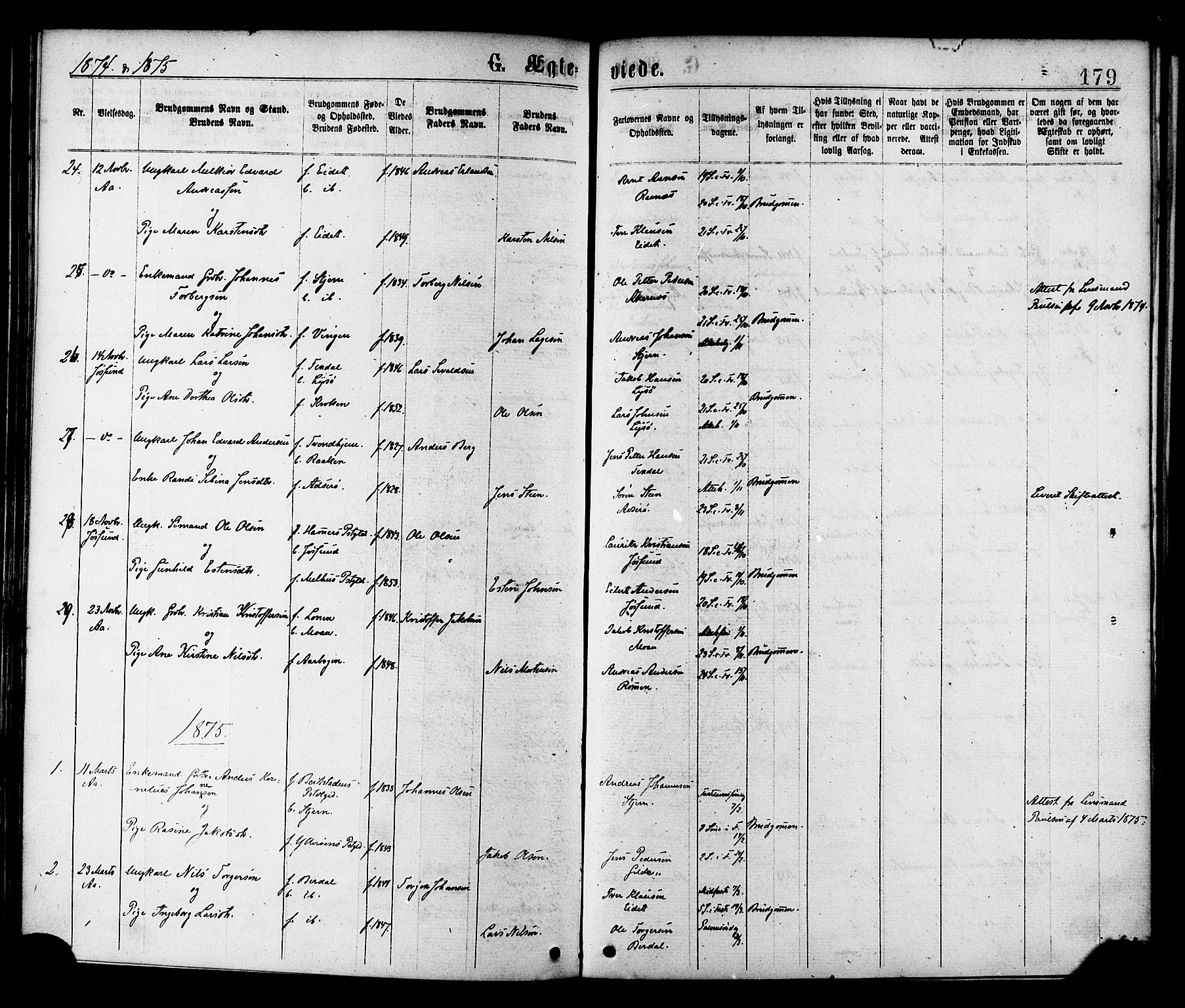 Ministerialprotokoller, klokkerbøker og fødselsregistre - Sør-Trøndelag, SAT/A-1456/655/L0679: Parish register (official) no. 655A08, 1873-1879, p. 179