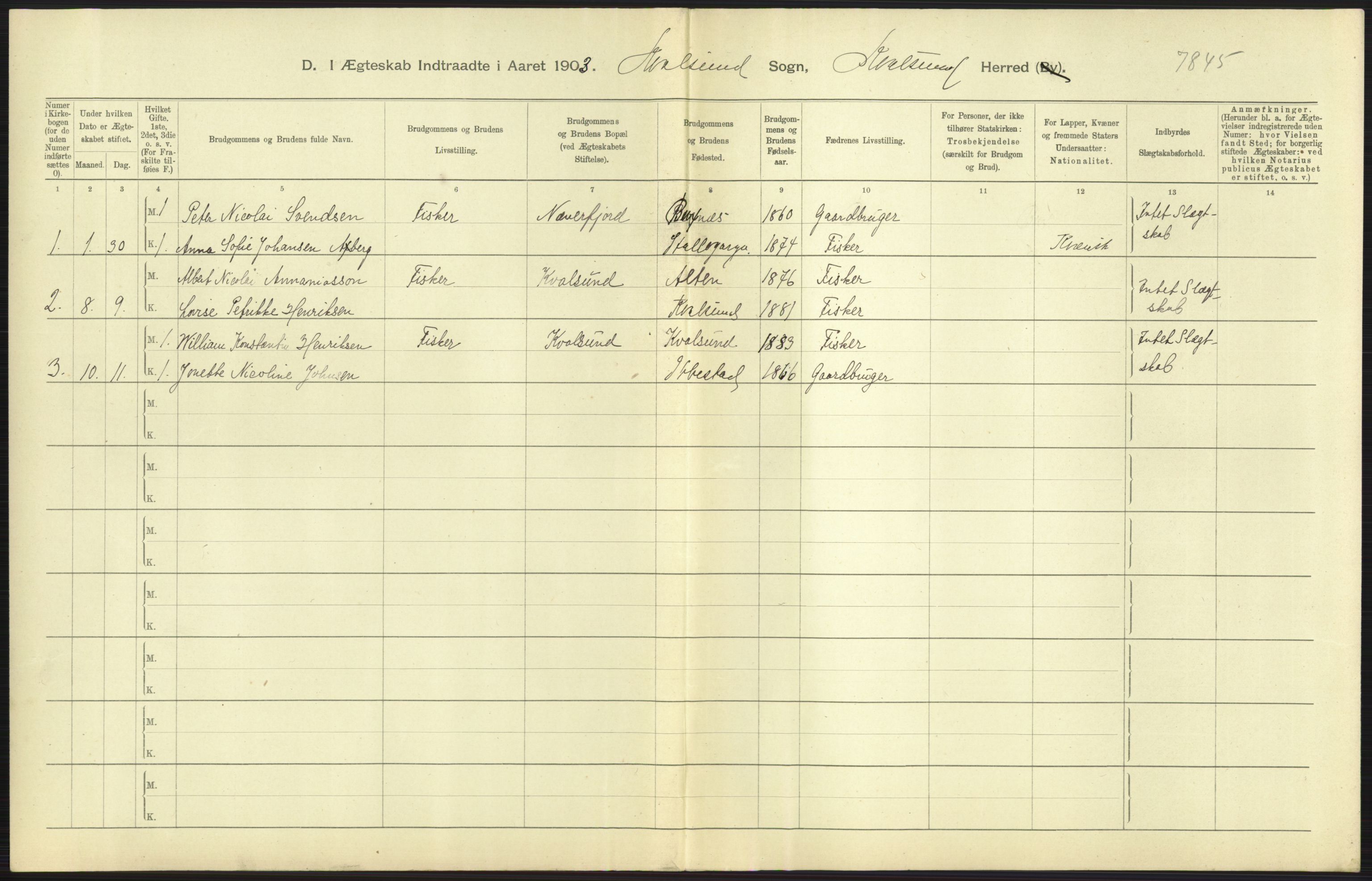 Statistisk sentralbyrå, Sosiodemografiske emner, Befolkning, AV/RA-S-2228/D/Df/Dfa/Dfaa/L0022: Finnmarkens amt: Fødte, gifte, døde., 1903, p. 169